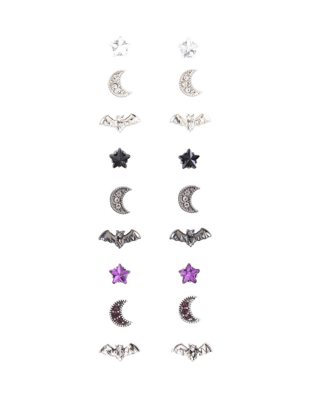 Bats Moons Stars Stud Earrings 9 Pair, , hi-res