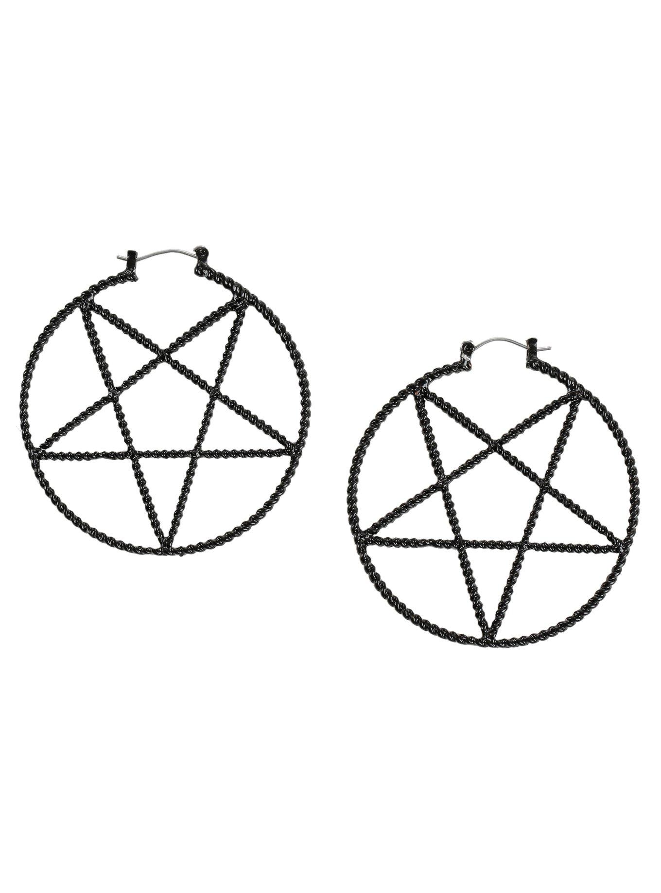 Blackheart Black Pentagram Hoop Earrings, , hi-res