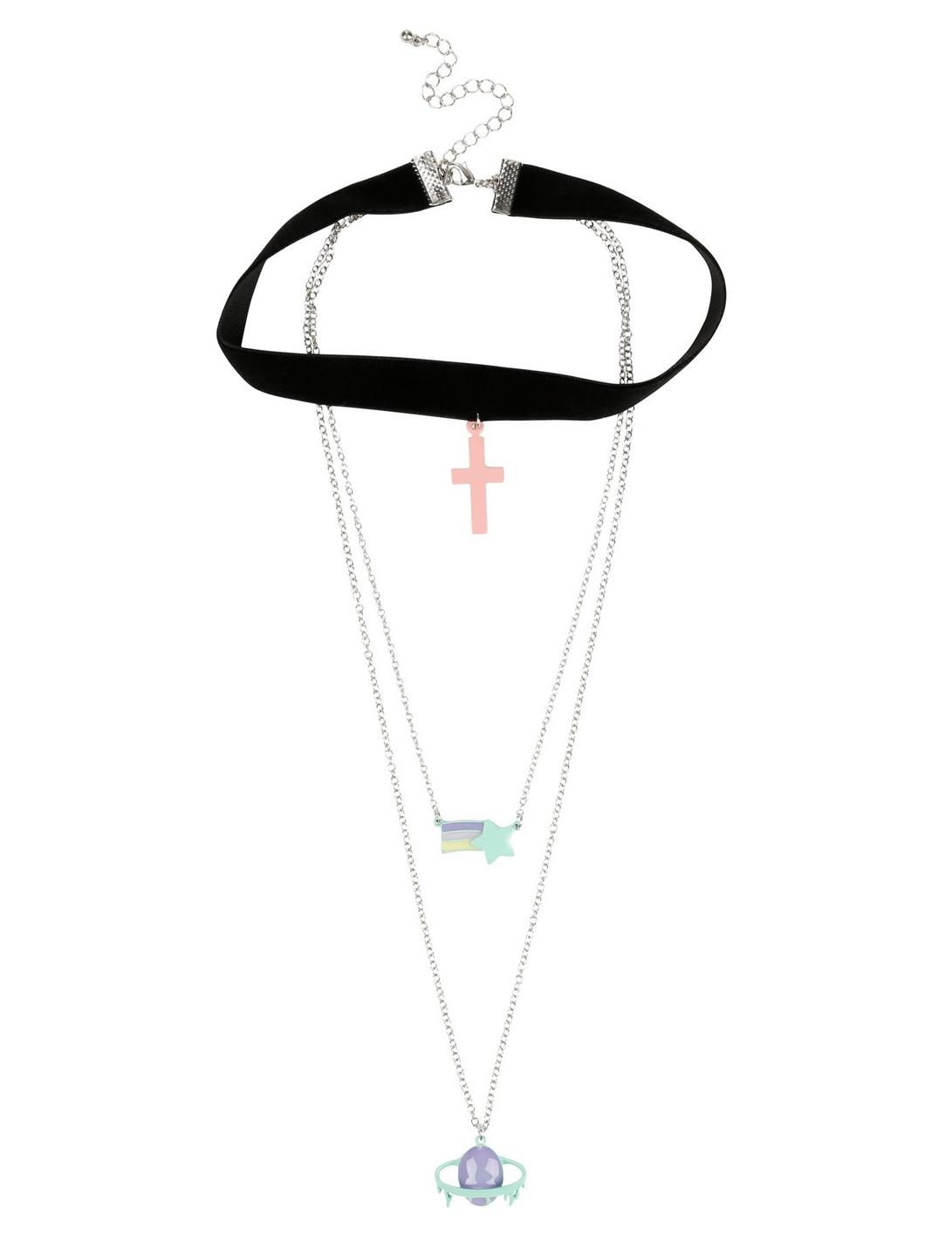 Pastel Cross Rainbow & Planet Layered Necklace, , hi-res