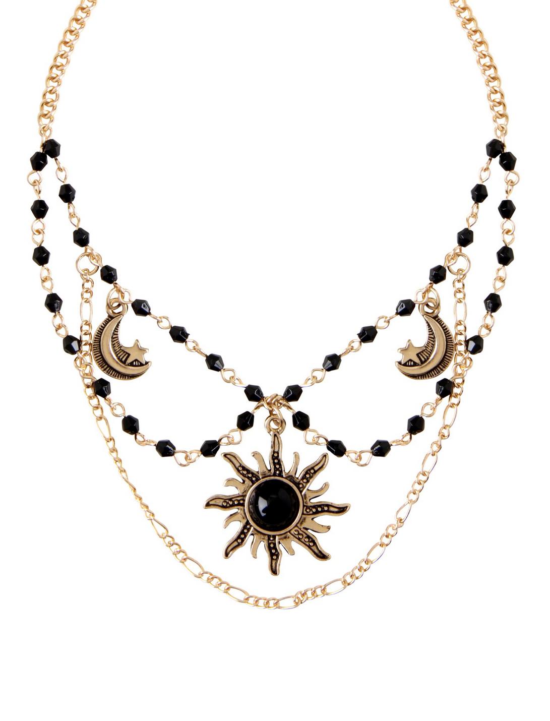 Black & Gold Tone Sun & Moon Necklace, , hi-res