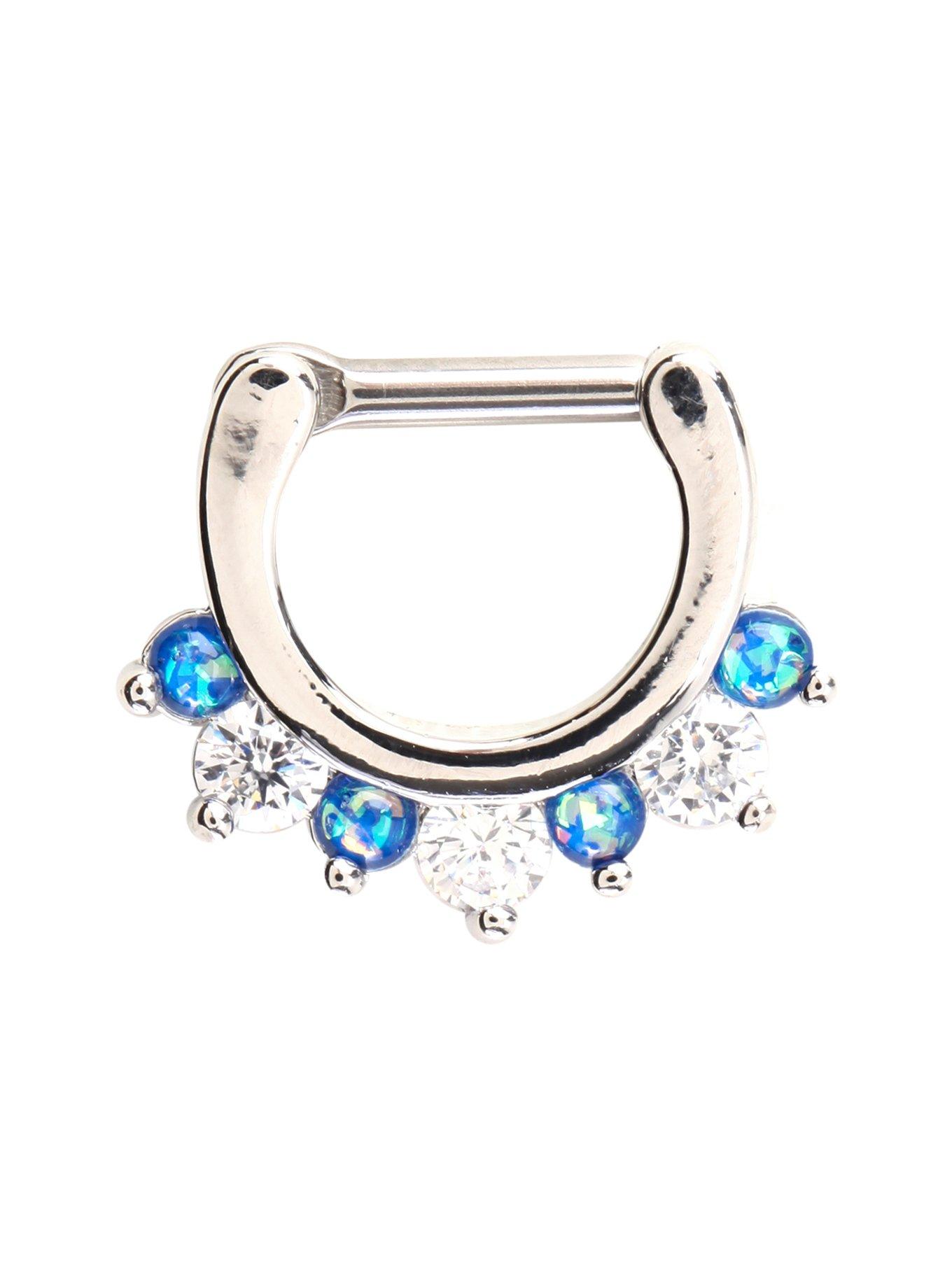Steel Blue Opal & Clear CZ Septum Clicker, BLUE, hi-res