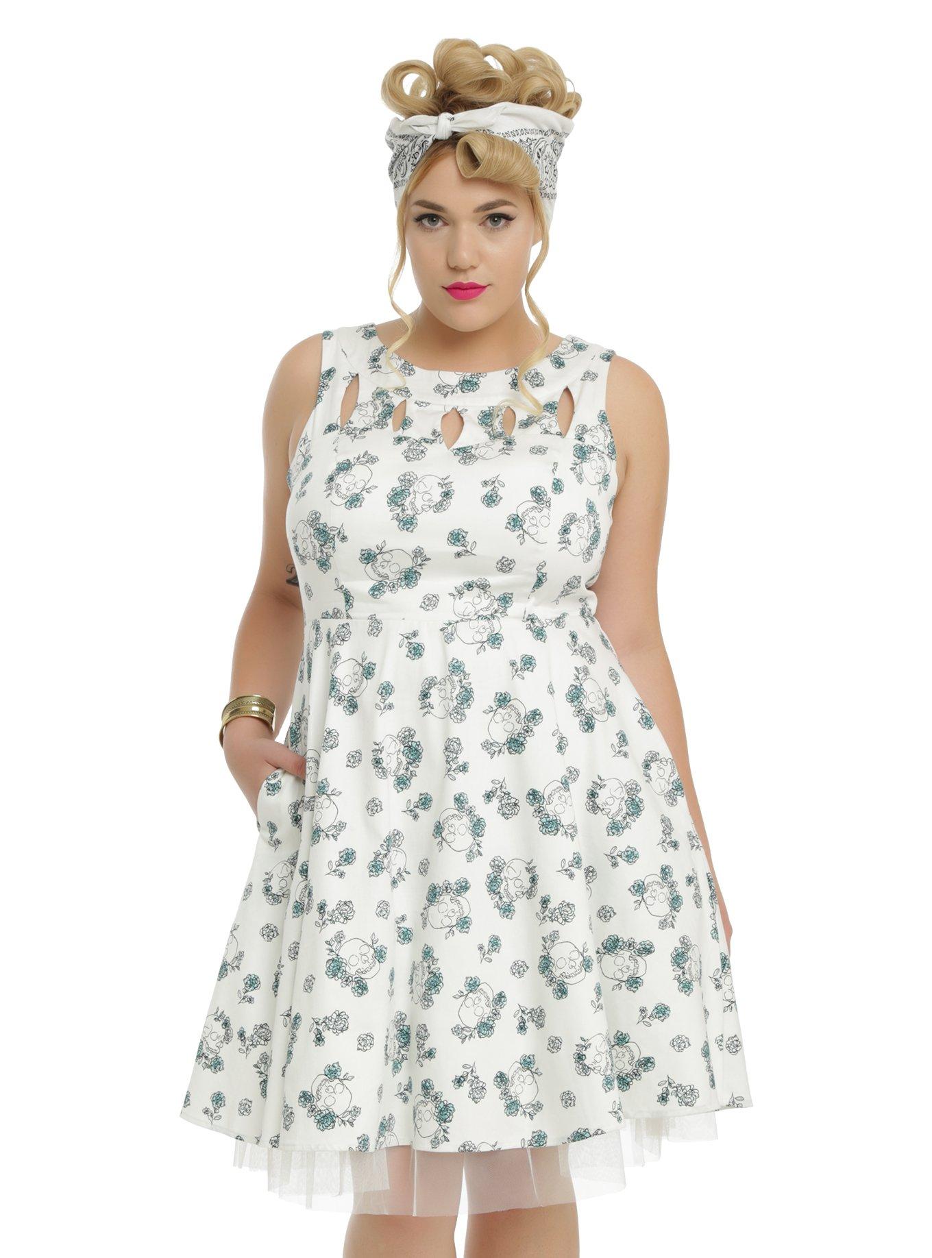 White Skull & Floral Detail Dress Plus Size, WHITE, hi-res