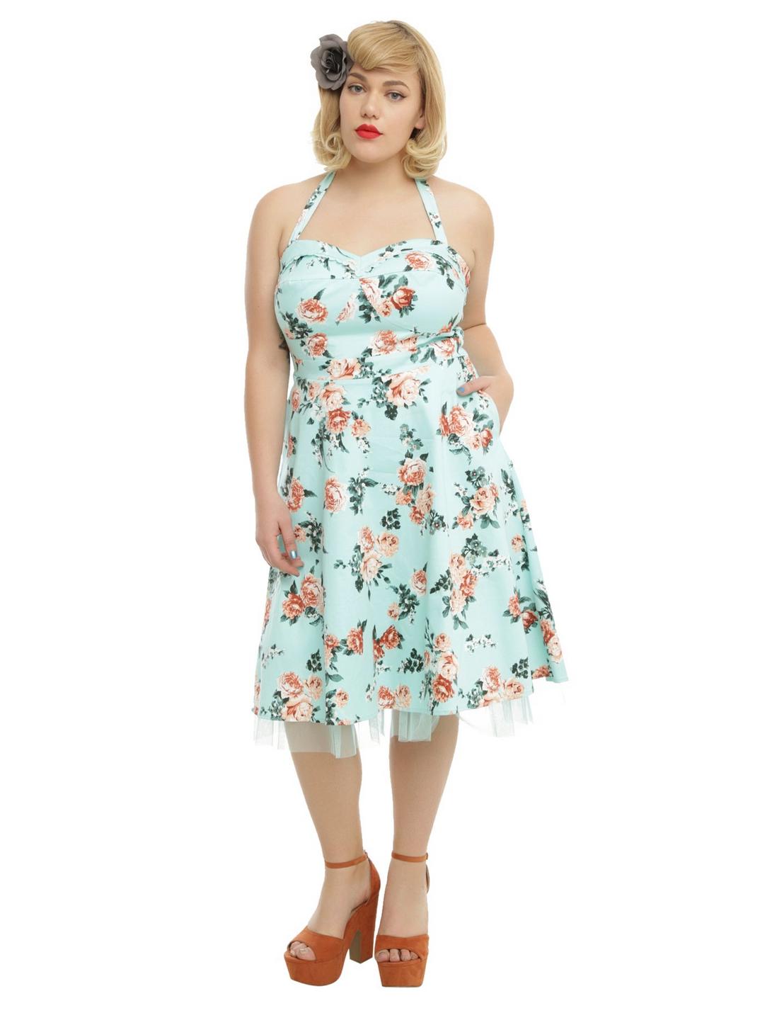 Mint Floral Swing Dress Plus Size, BLUE, hi-res