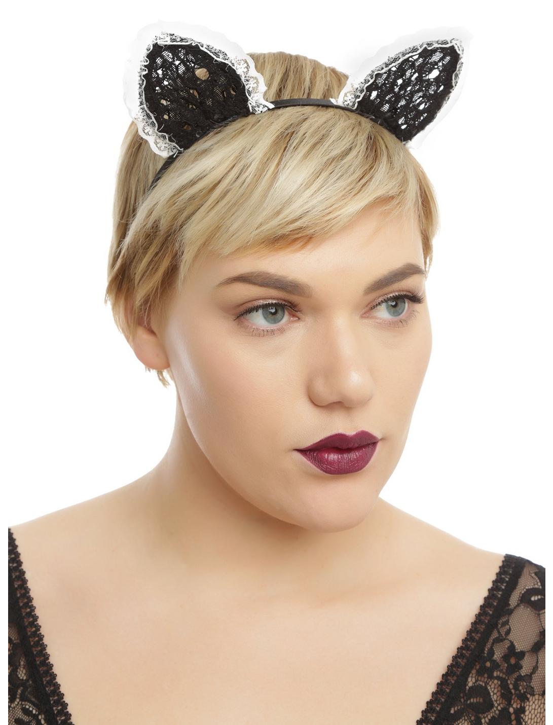 Black & Ivory Lace Animal Ear Headband, , hi-res