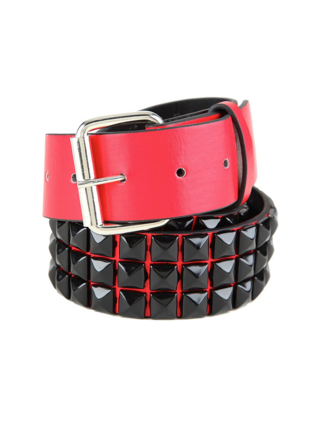 Red & Black Checkered Pyramid Stud Belt, BLACK, hi-res