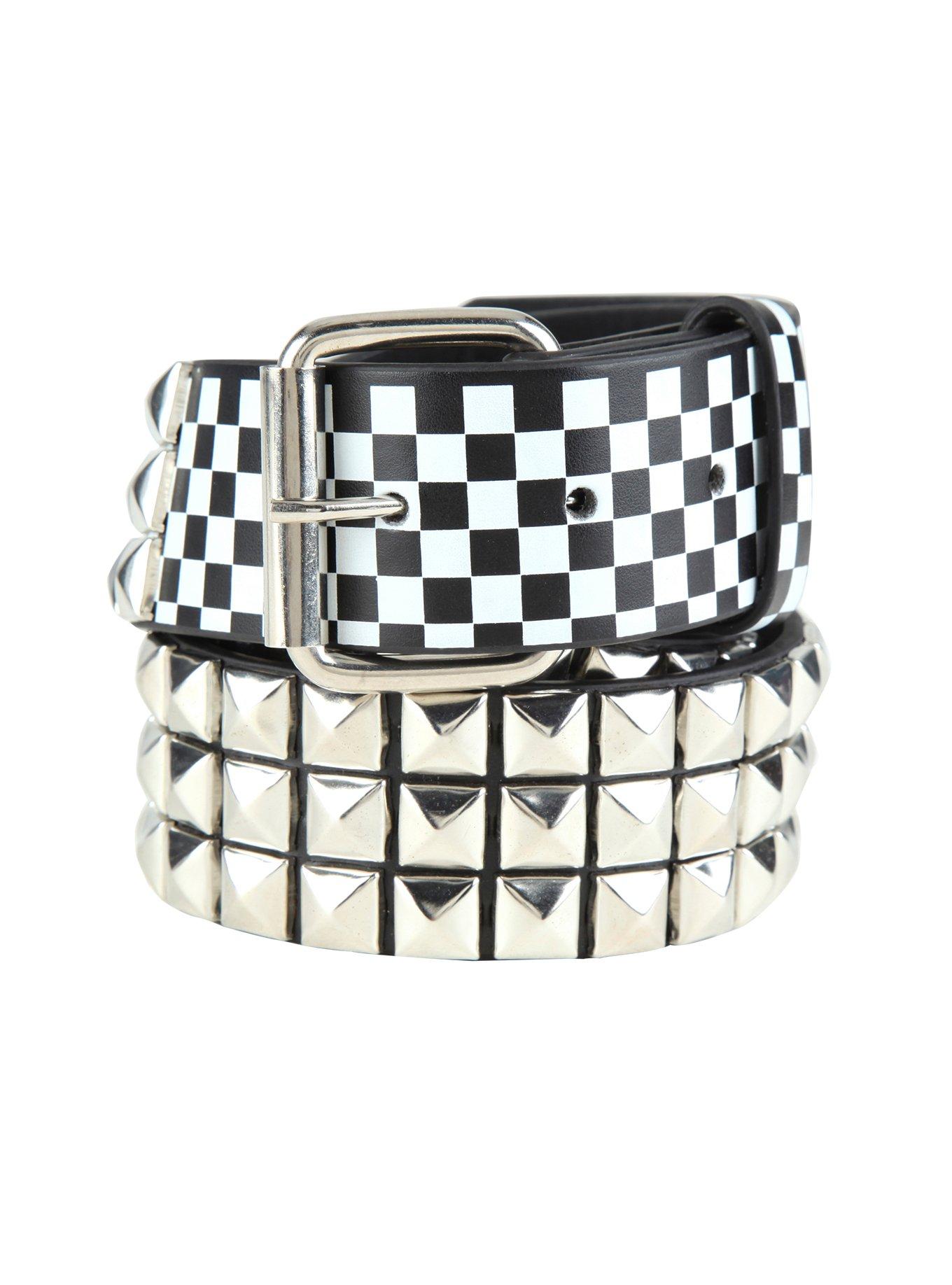 Black White & Silver Checkered Pyramid Stud Belt | Hot Topic