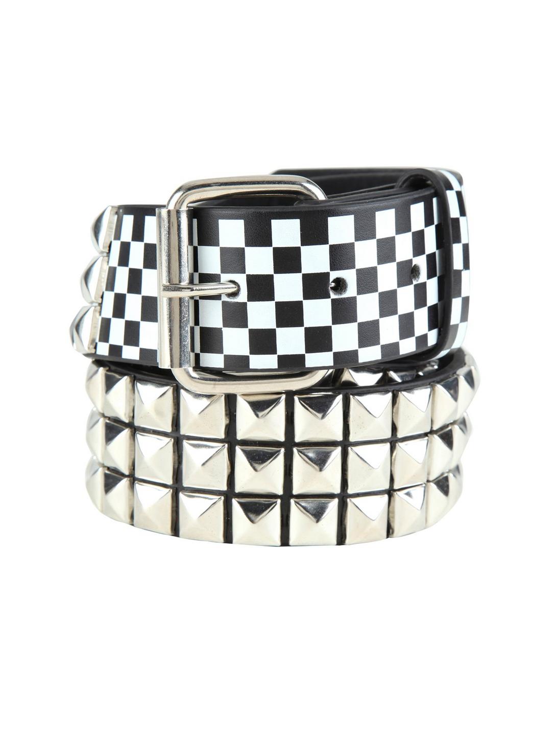 Black White & Silver Checkered Pyramid Stud Belt, BLACK, hi-res