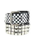 Black White & Silver Checkered Pyramid Stud Belt, BLACK, hi-res