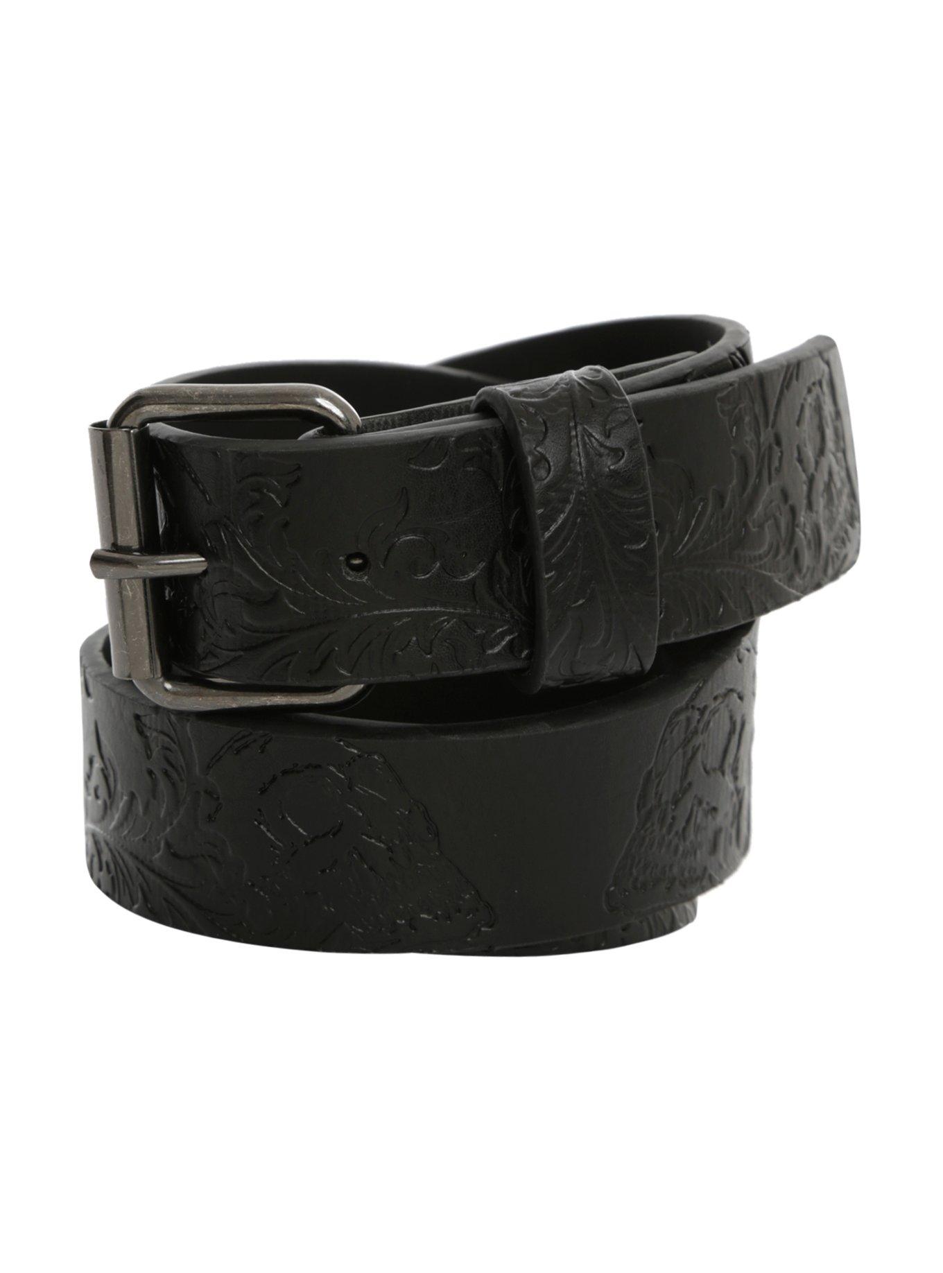 Black Faux Leather Embossed Skull Belt, BLACK, hi-res