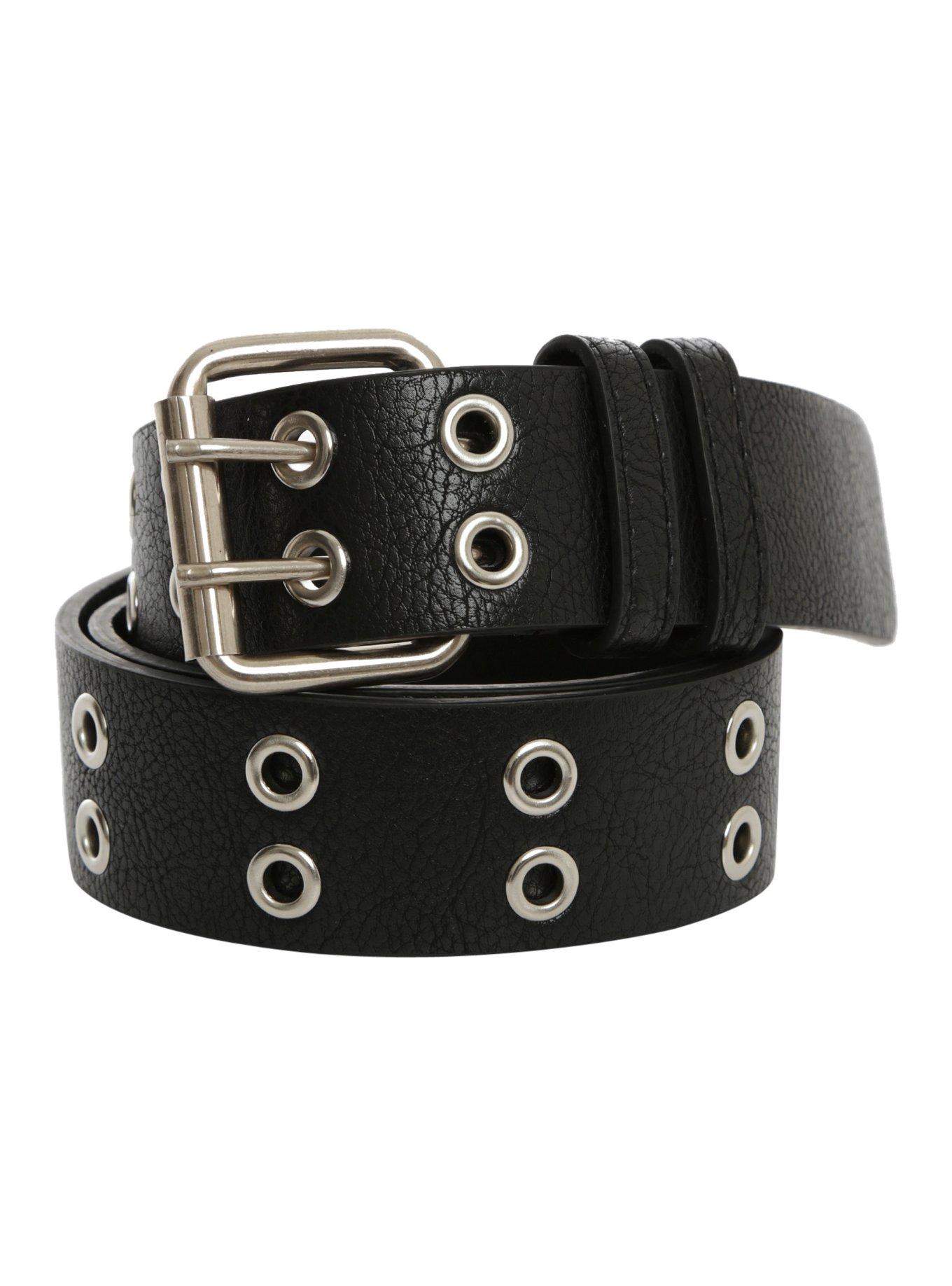 Two-Row Black Faux Leather Silver Grommet Belt | Hot Topic