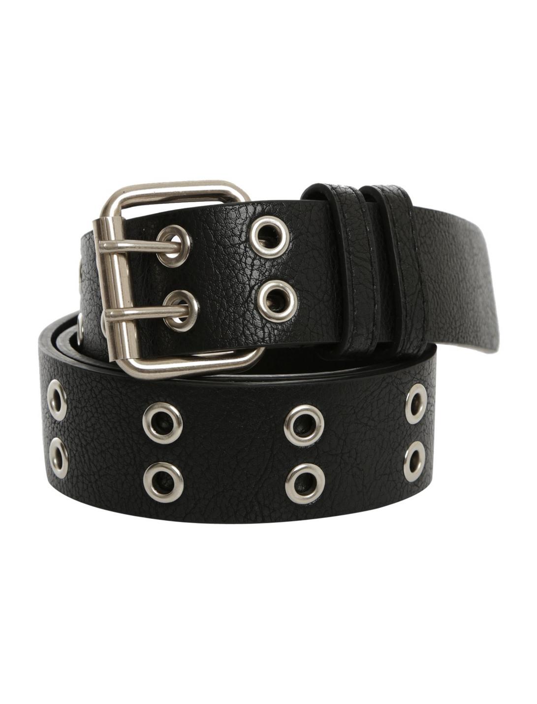Two-Row Black Faux Leather Silver Grommet Belt, BLACK, hi-res