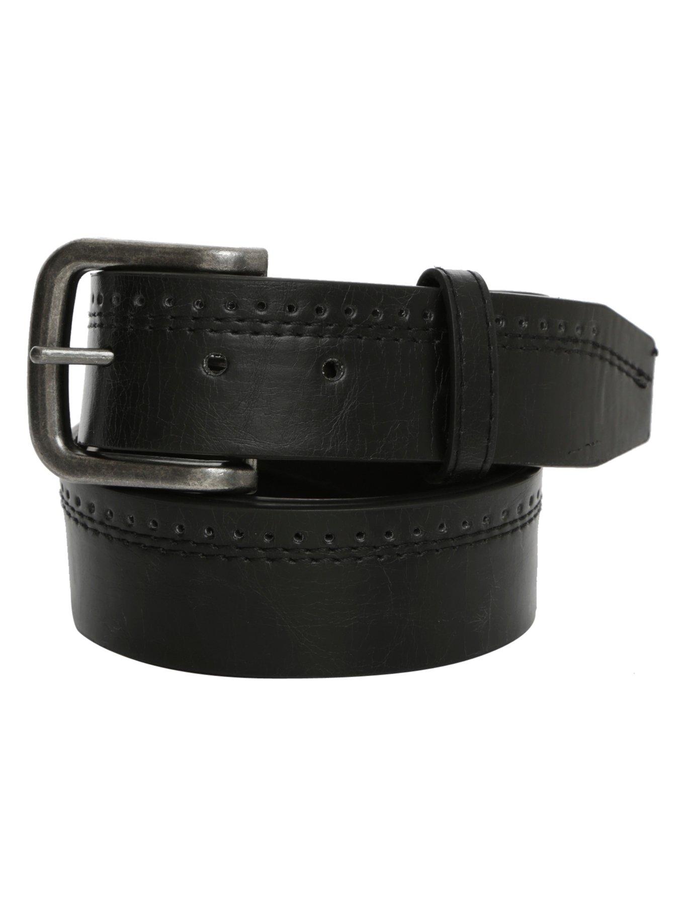 Black Faux Leather Perforated Stitch Belt, BLACK, hi-res