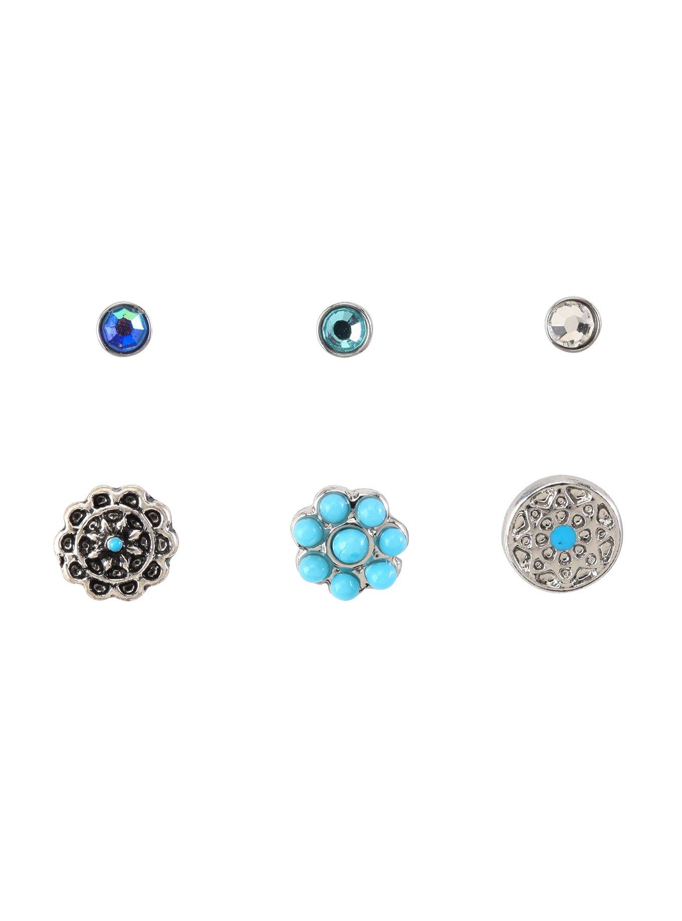 Steel Silver & Turquoise Stone Flower & Filigree Nose Stud 6 Pack, BLUE, hi-res