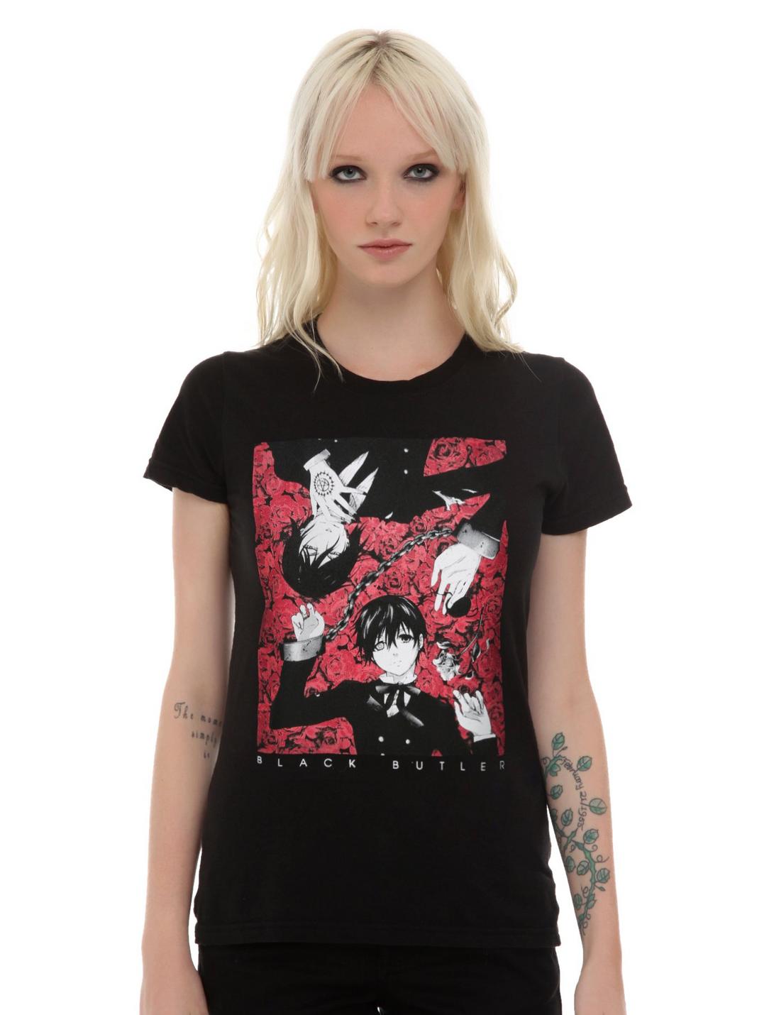 Black Butler Sebastian & Ciel Roses Girls T-Shirt, BLACK, hi-res