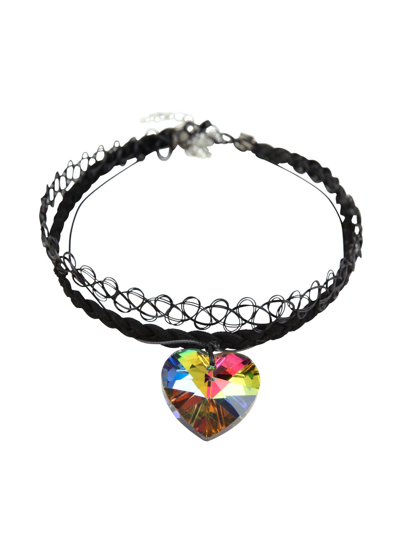 Rainbow Heart Cord Tattoo Choker Set, , hi-res