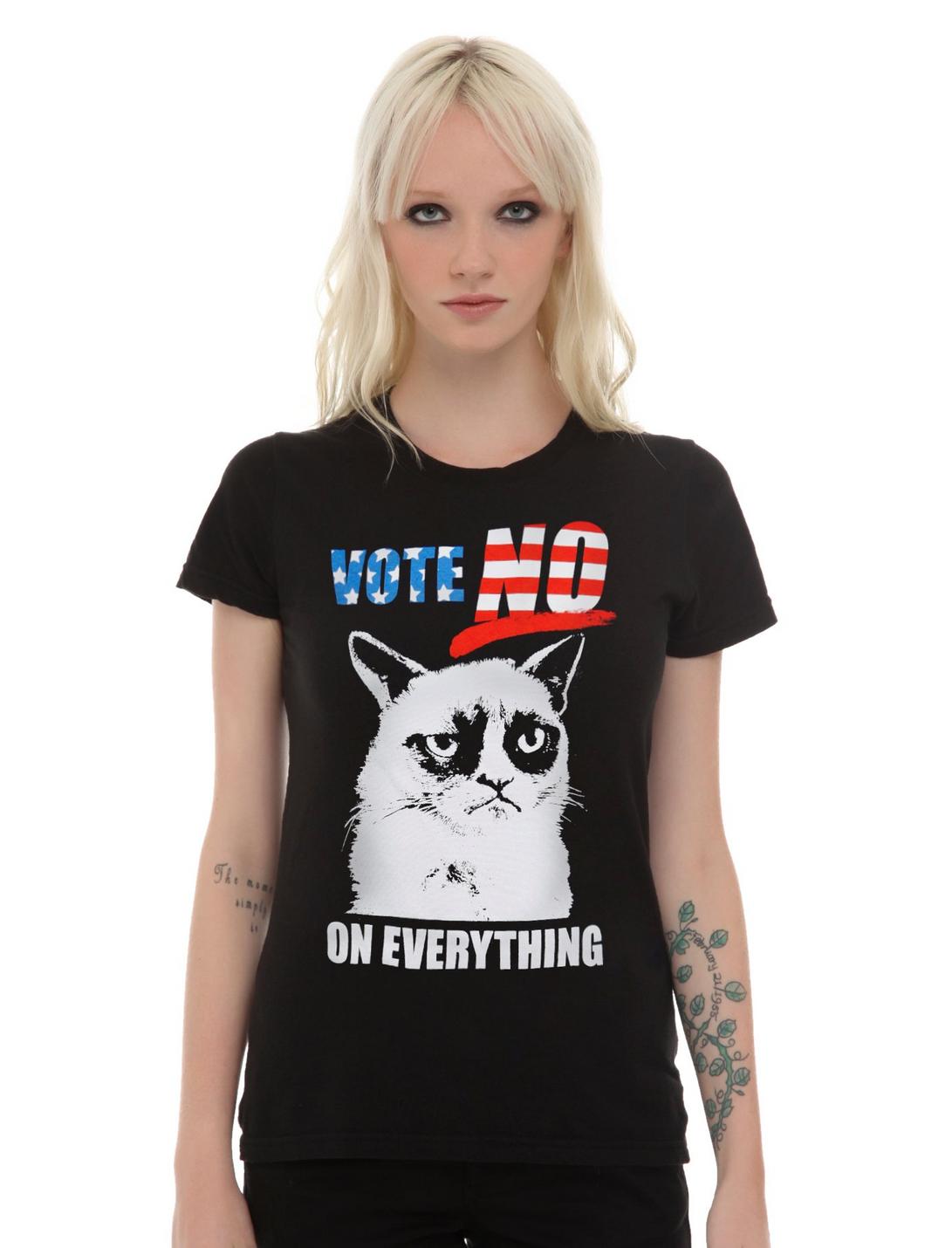 Grumpy Cat Vote No On Everything Girls T-Shirt, BLACK, hi-res