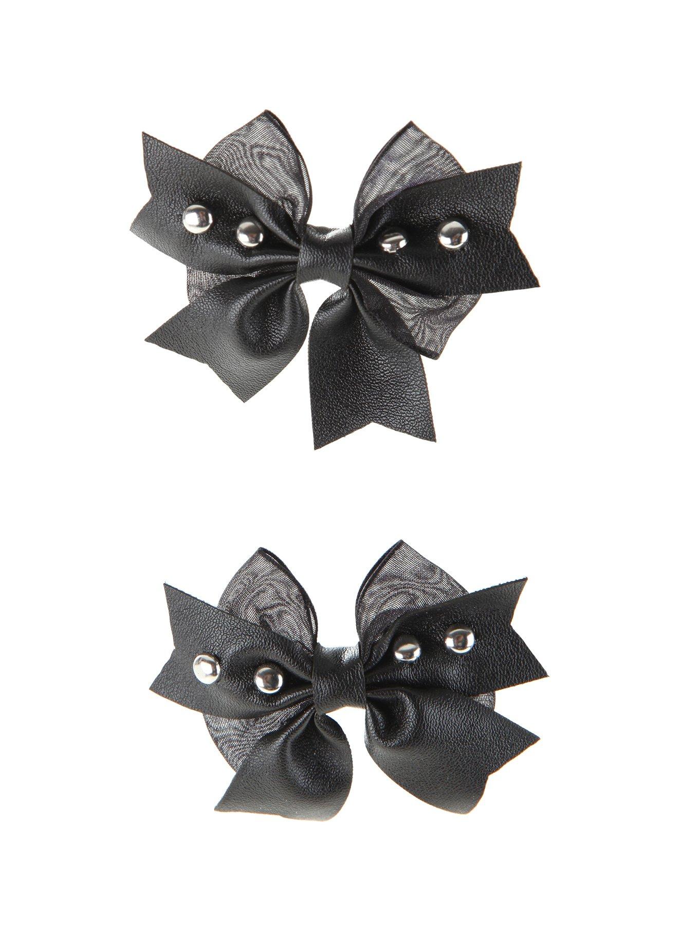 Black Faux Leather Tulle Circle Stud Hair Bow Set | Hot Topic