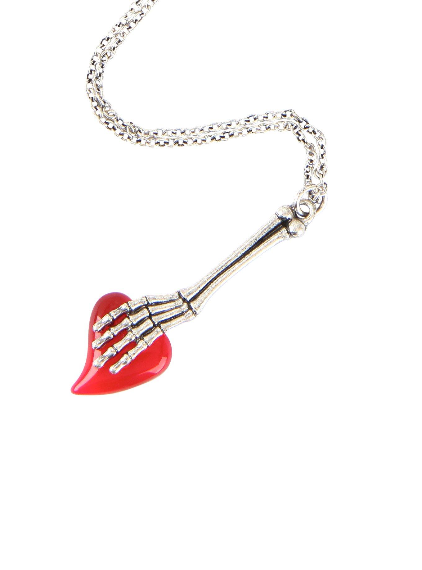 Skeleton Hand Holding Heart Long Necklace, , hi-res