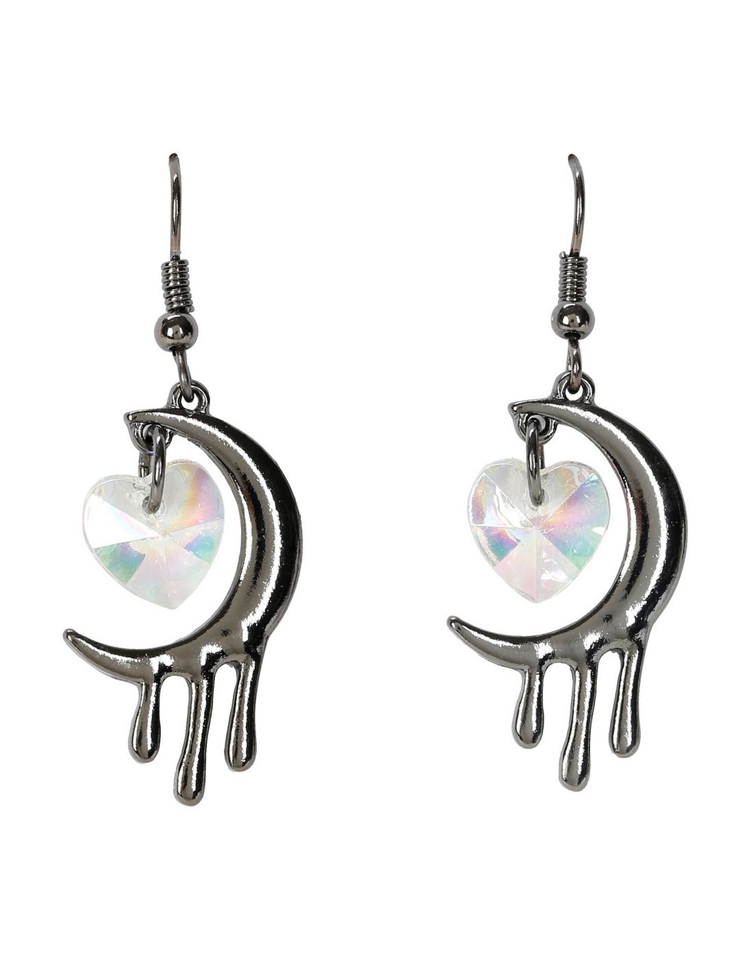 Hematite Dripping Moon & Rainbow Heart Drop Earrings, , hi-res