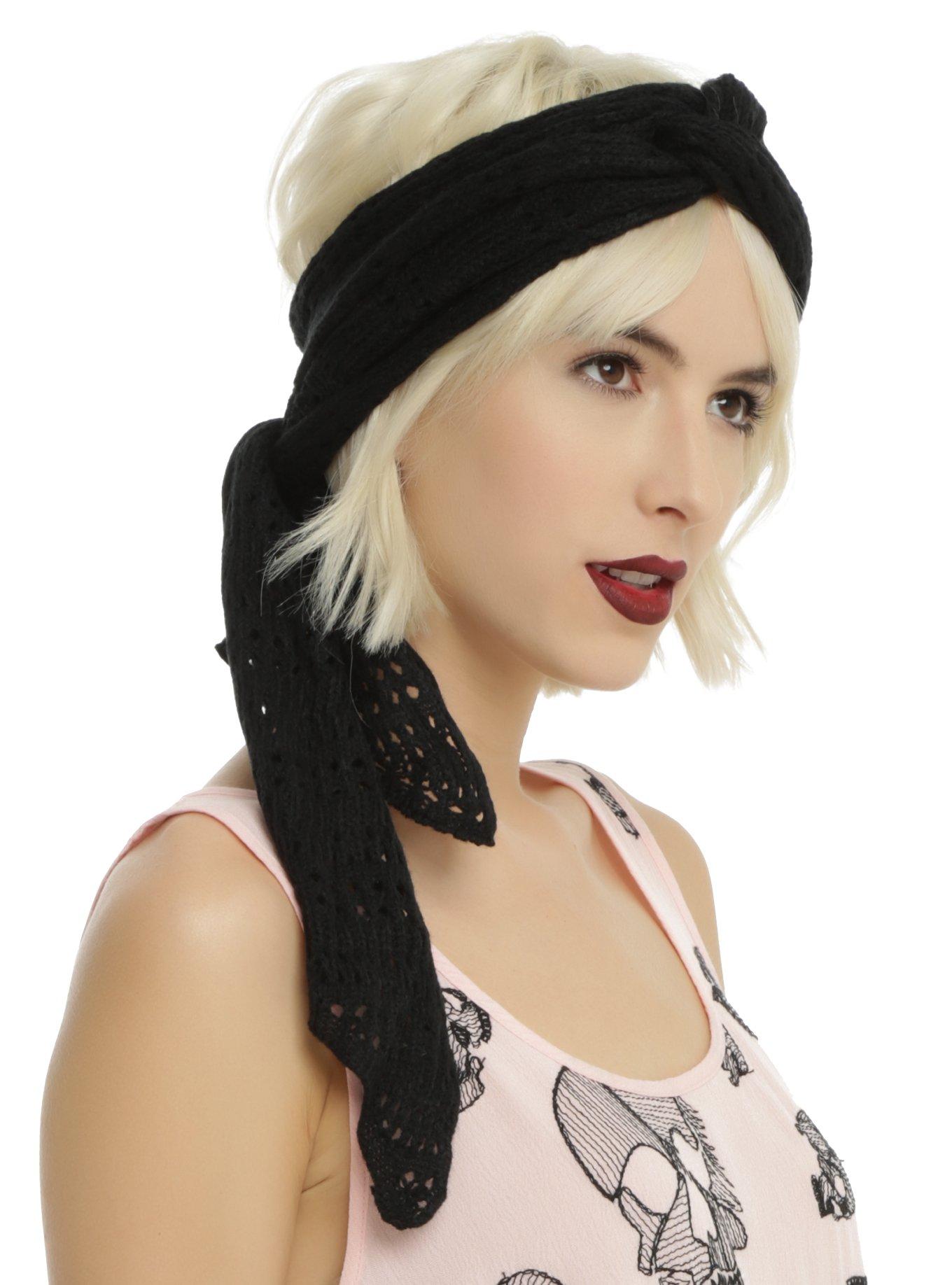 Black Crochet Skinny Scarf, , hi-res