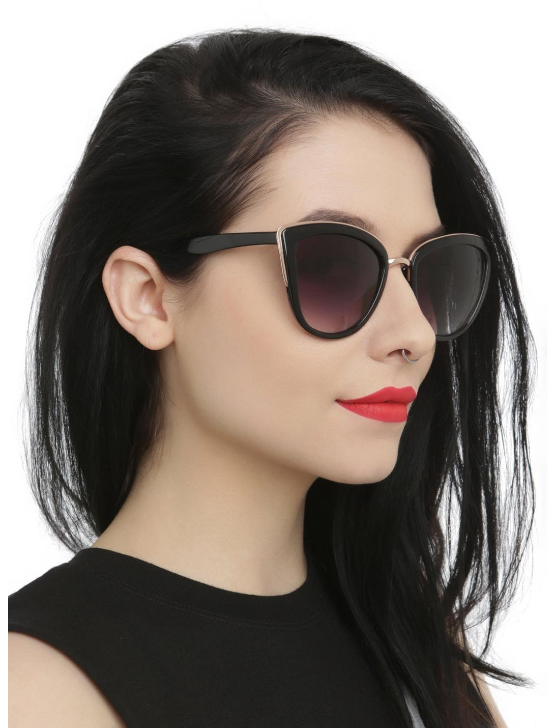 Black & Gold Metal Cat Eye Sunglasses, , hi-res