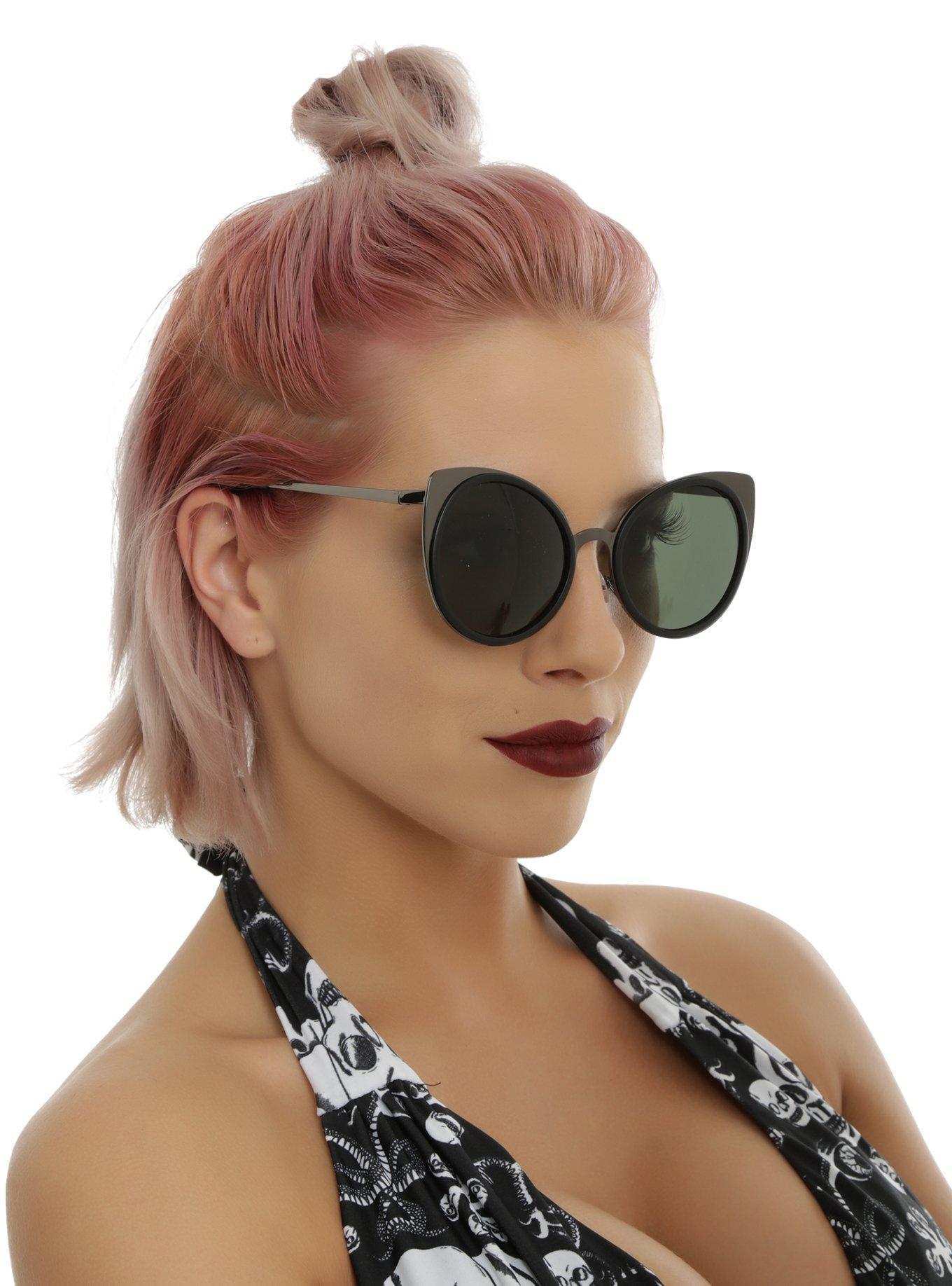 Metal Black On Black Cat Ear Round Sunglasses, , hi-res