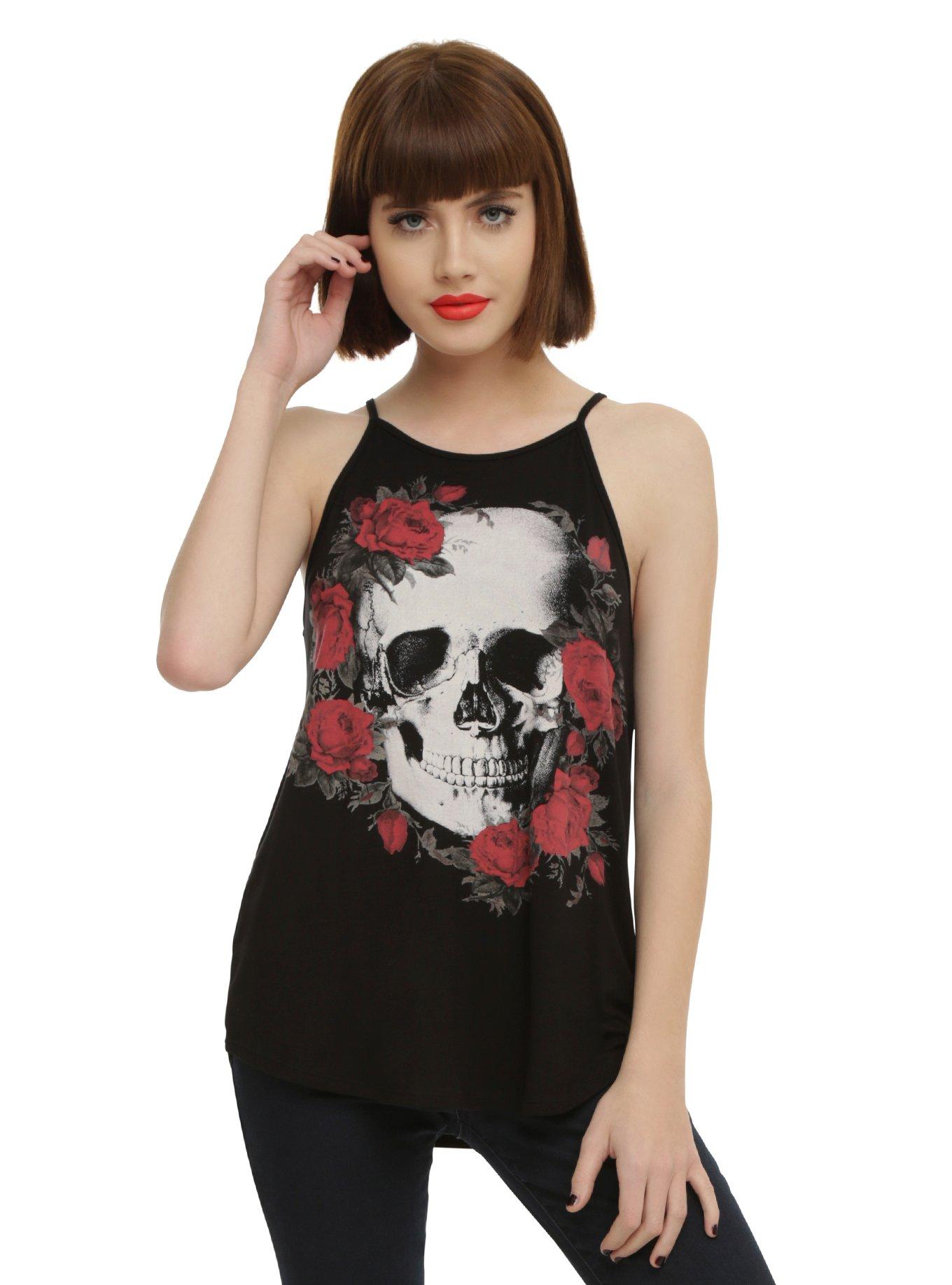 Skull & Red Roses Girls Top, BLACK, hi-res