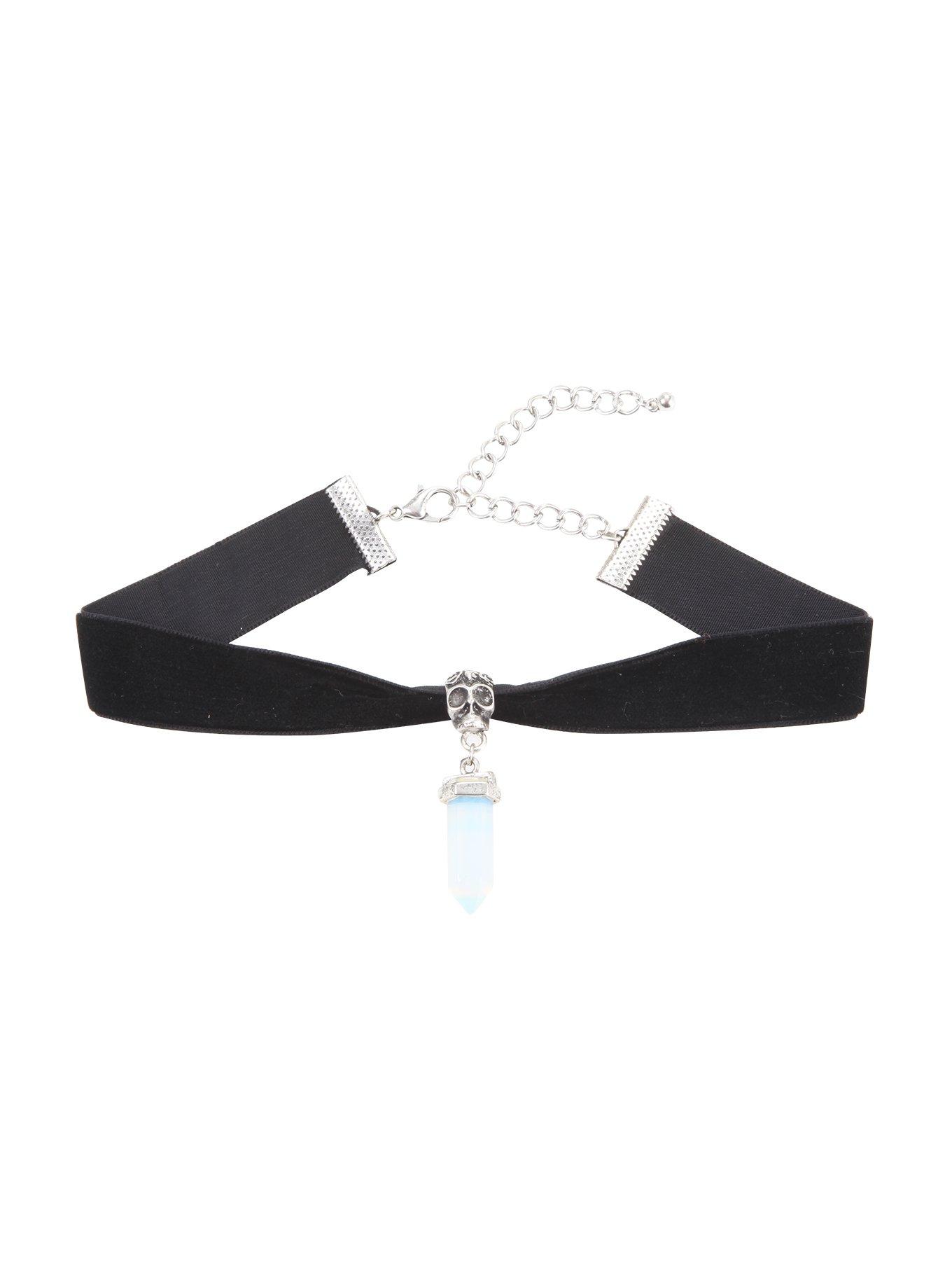 Blackheart Skull Bead & Opalescent Crystal Charm Black Velvet Choker, , hi-res