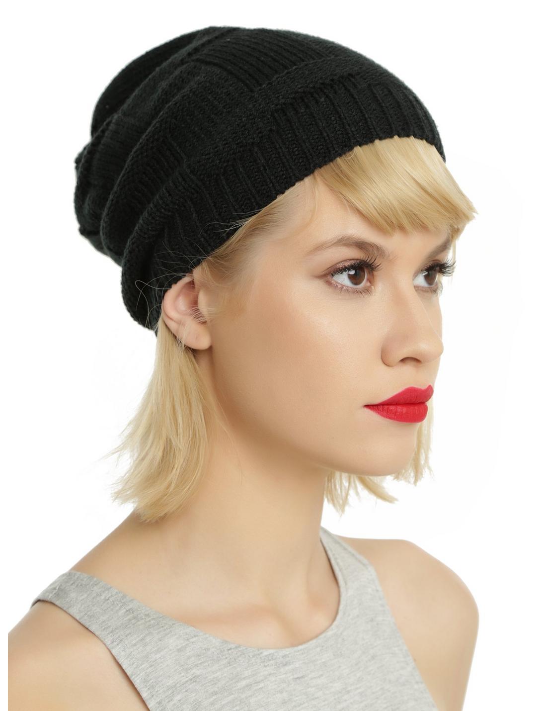 Black Large Weave Slouch Ribbed Beanie, , hi-res