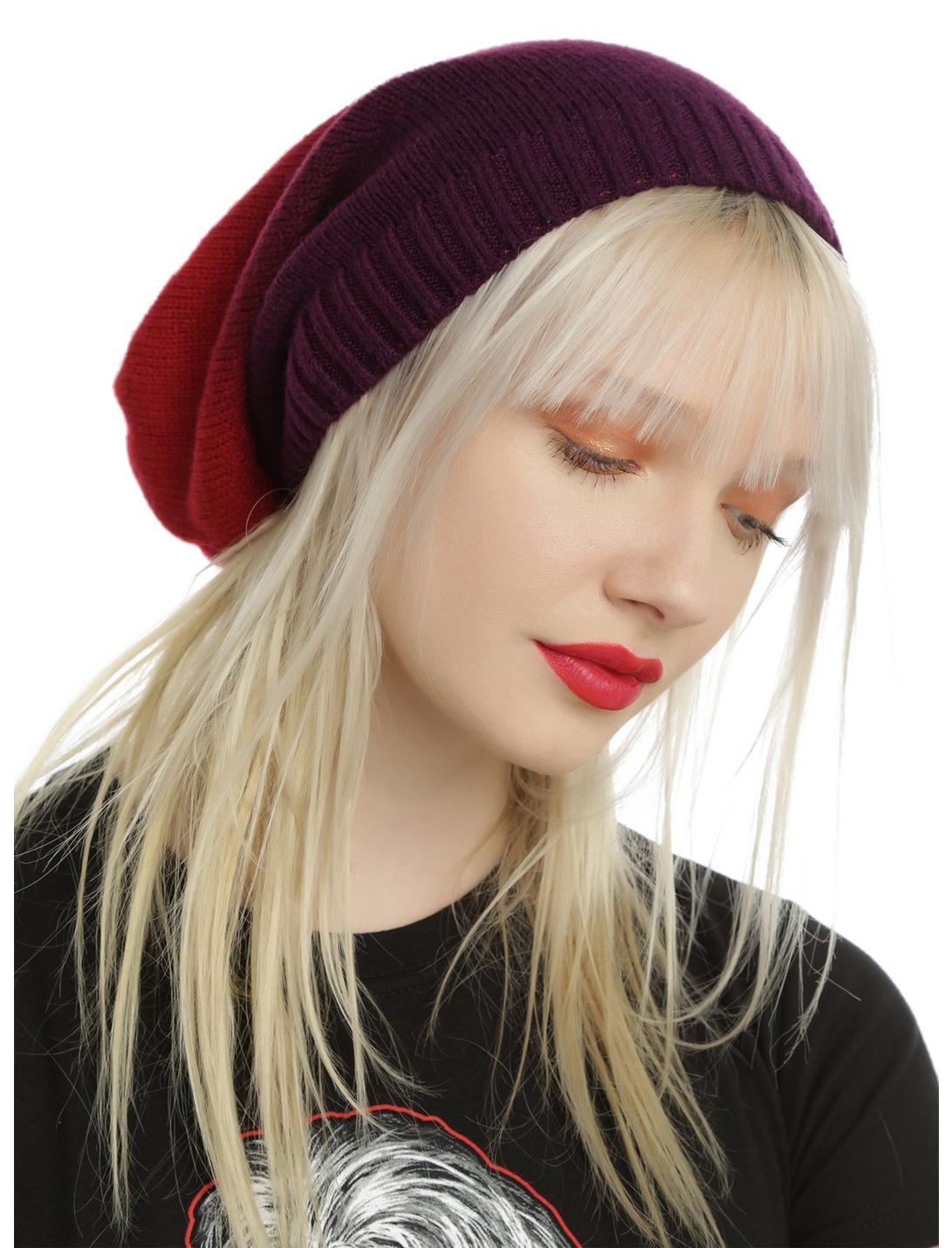 Red Purple Ombre Slouch Beanie, , hi-res