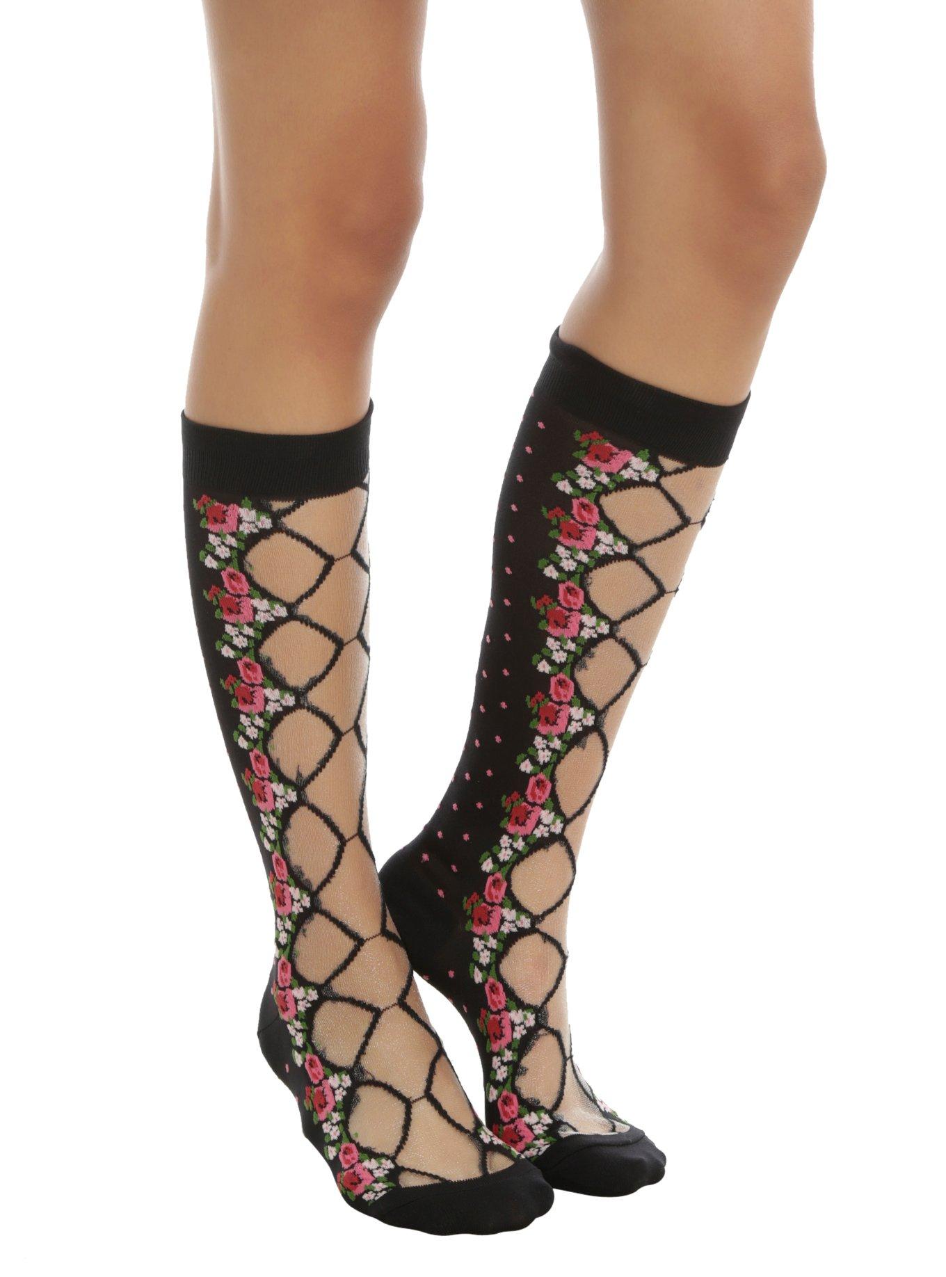 Floral Sheer Panel Knee-High Socks, , hi-res