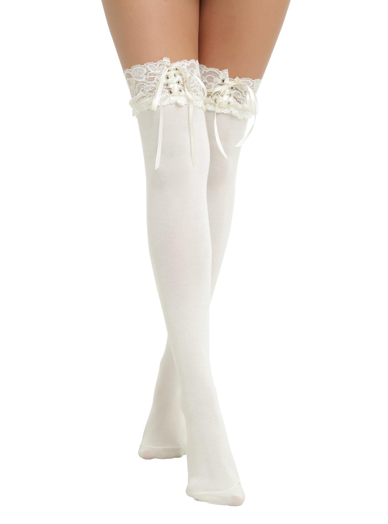 Cream Lace Up Cuff Over The Knee Socks Hot Topic 