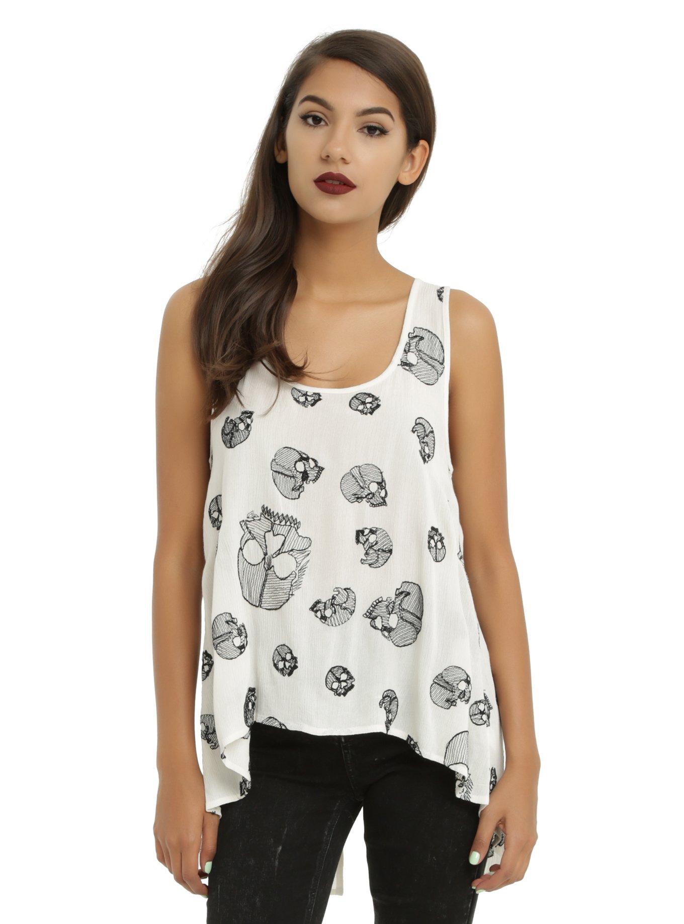 Ivory & Black Embroidered Skull Split Back Girls Tank Top | Hot Topic