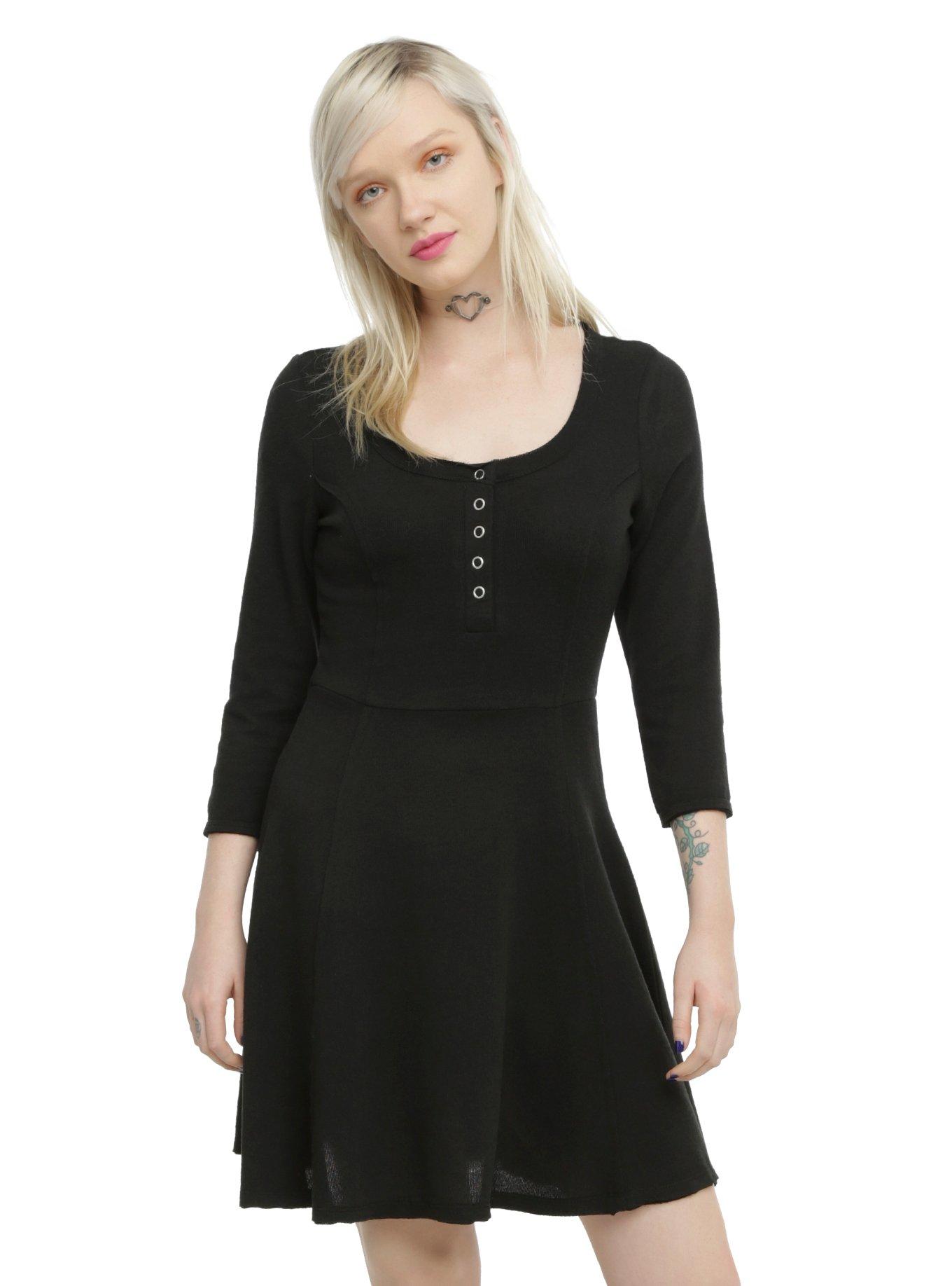 Black Mid-Sleeve Skater Dress, BLACK, hi-res