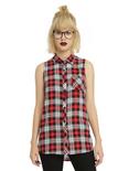 Red Plaid Long Girls Sleeveless Woven Button-Up, RED, hi-res