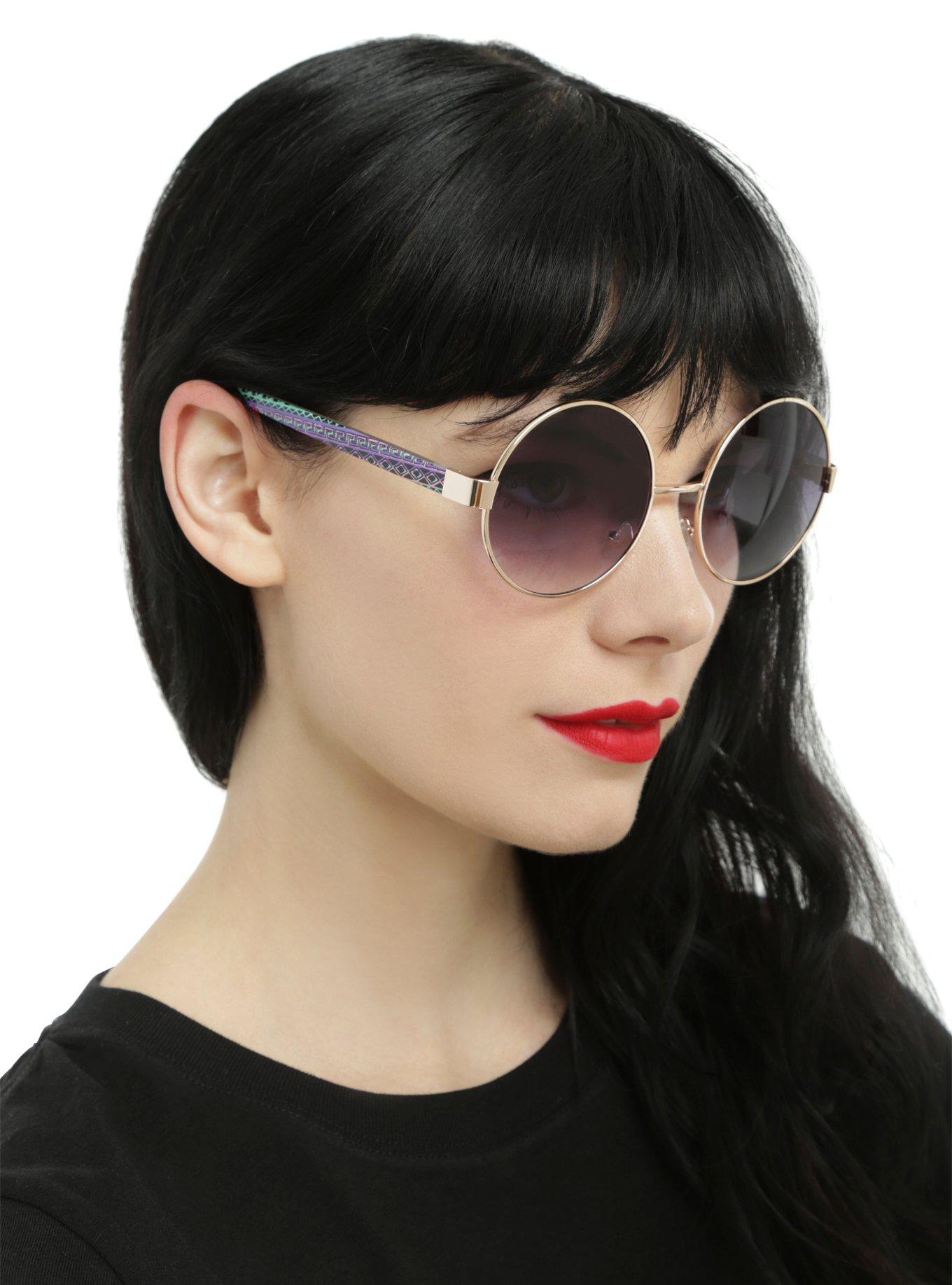 Gold Frame Pink Aztec Round Sunglasses Hot Topic