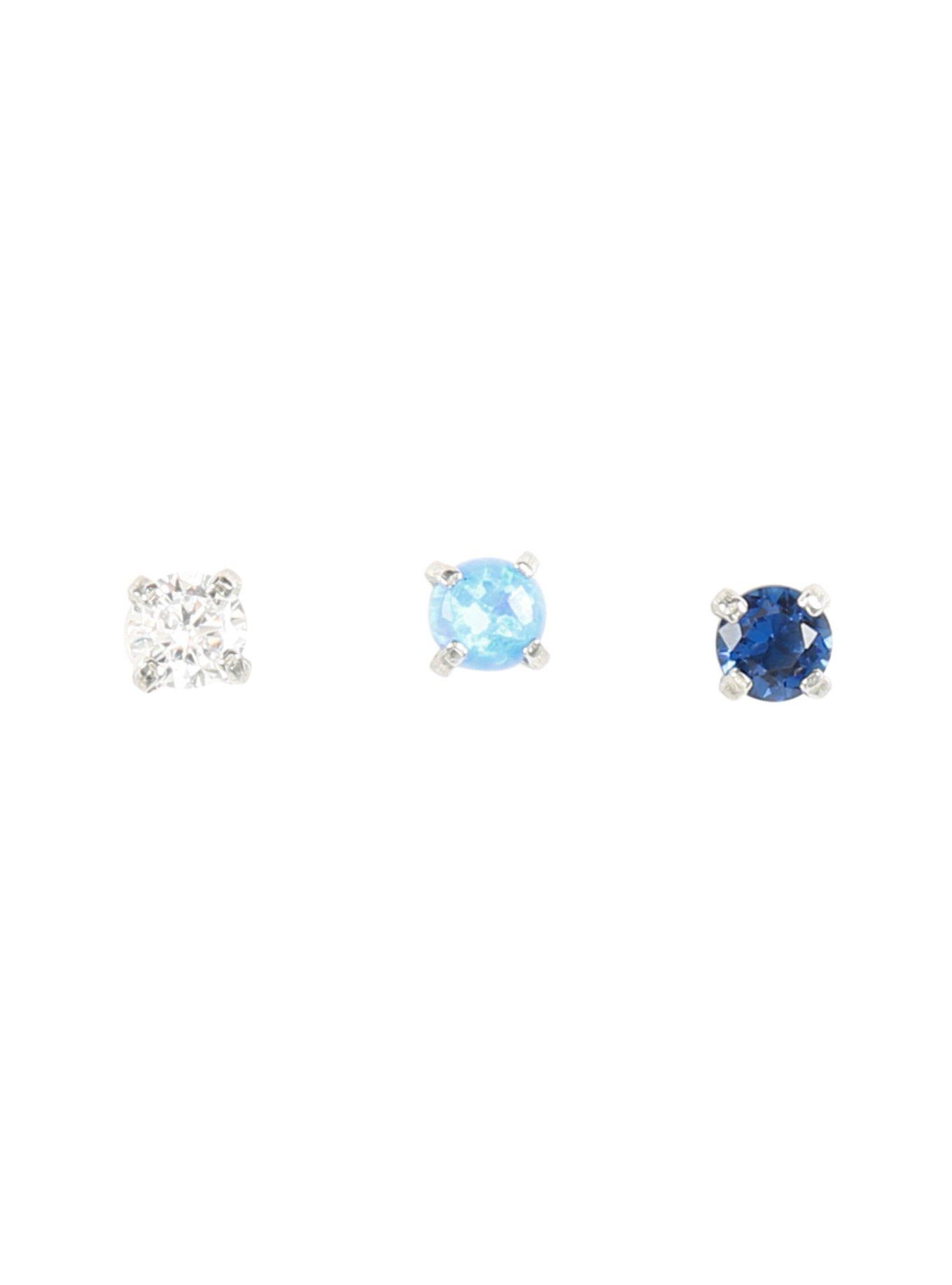 Steel Blue & Clear Opal Prong Nose Stud 3 Pack, SILVER, hi-res