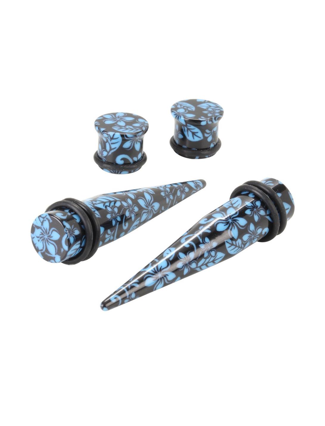 Acrylic Blue Floral Glow-In-The-Dark Taper & Plug 4 Pack, BLUE, hi-res
