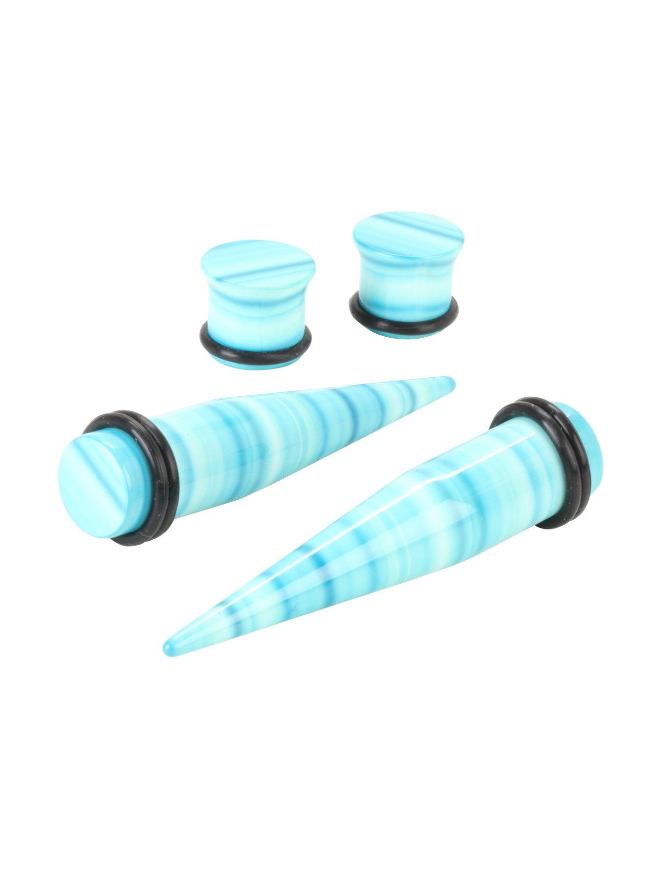 Acrylic Teal & White Stripe Taper & Plug 4 Pack, BLUE, hi-res