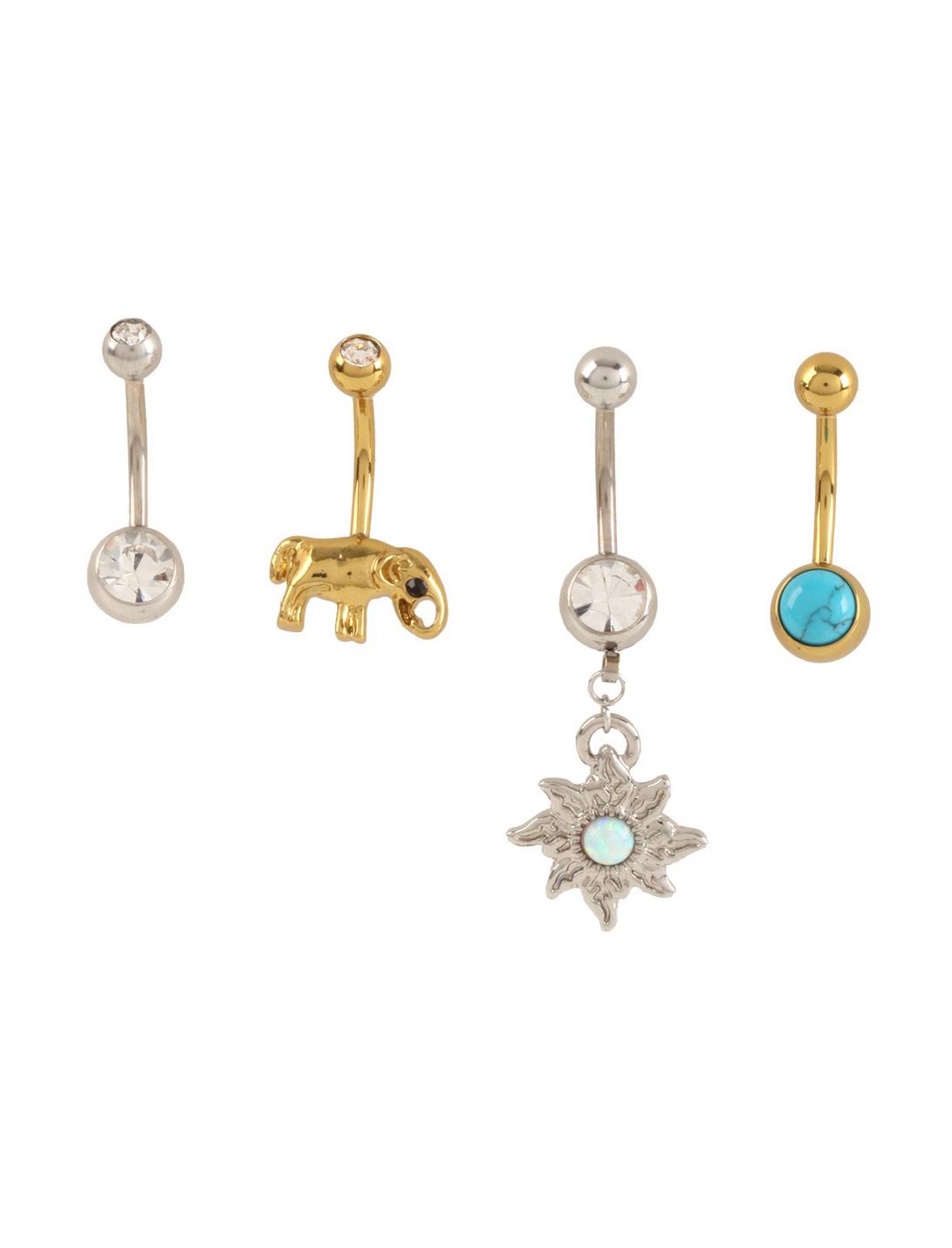 14G Steel Gold Turquoise Elephant Sun Navel Barbell 4 Pack, , hi-res