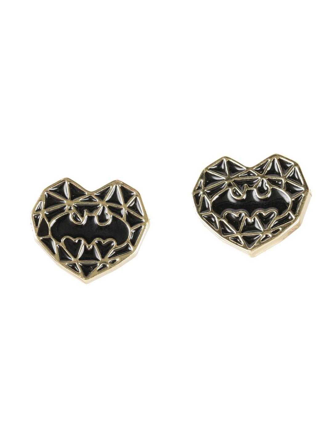DC Comics Batman Gold & Black Heart Batman Logo Earrings, , hi-res