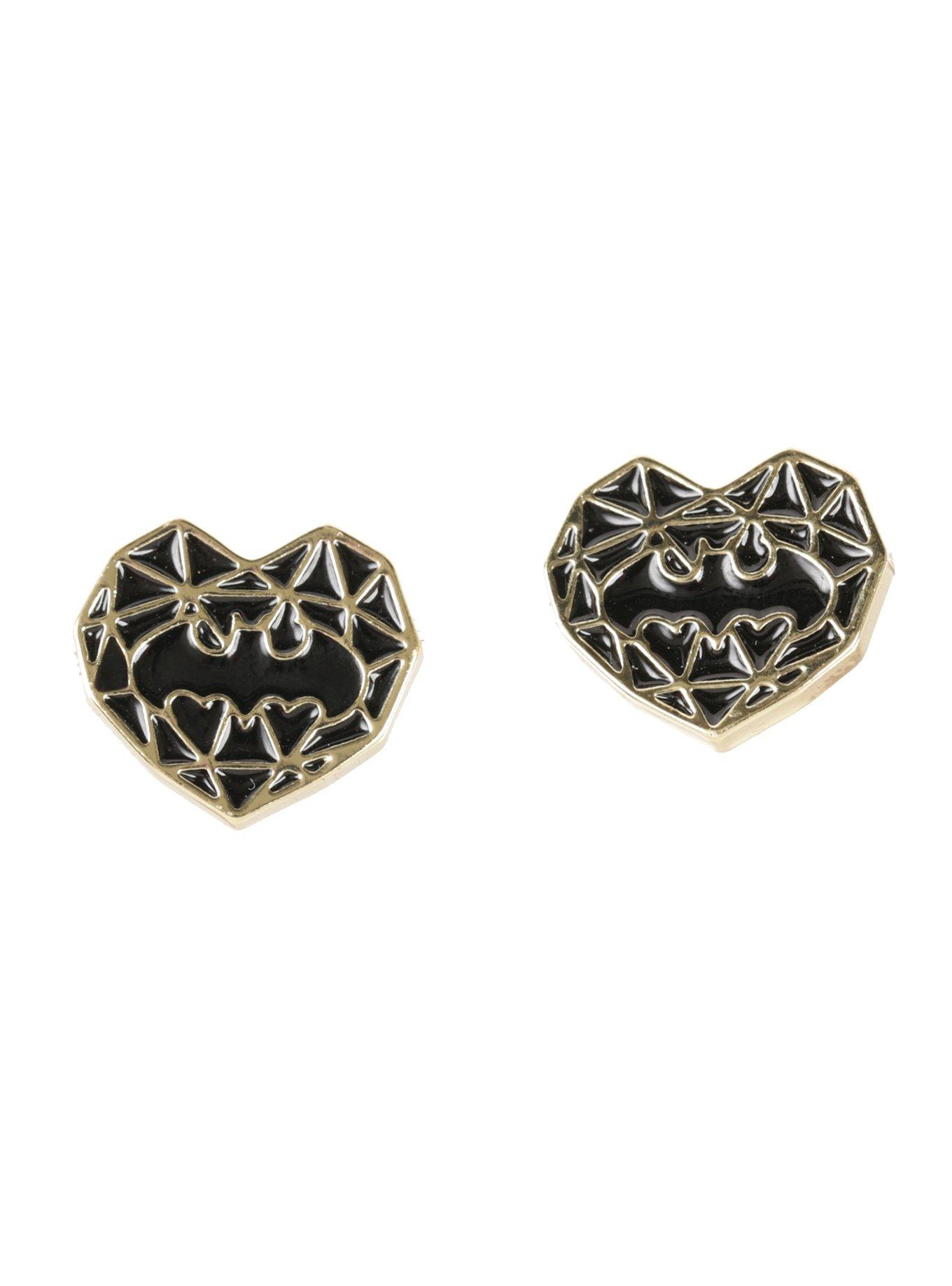 DC Comics Batman Gold & Black Heart Batman Logo Earrings, , hi-res