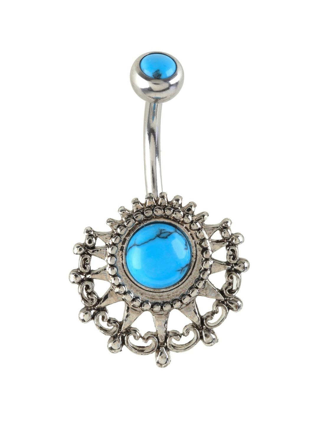 14G Steel Turquoise Sun Ray Navel Barbell, , hi-res