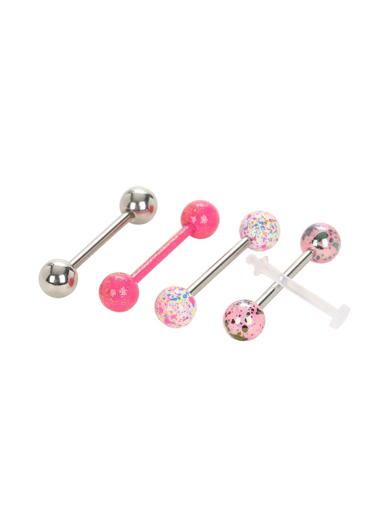 14G Steel Pink Iridescent Splatter Tongue Barbell 5 Pack, , hi-res