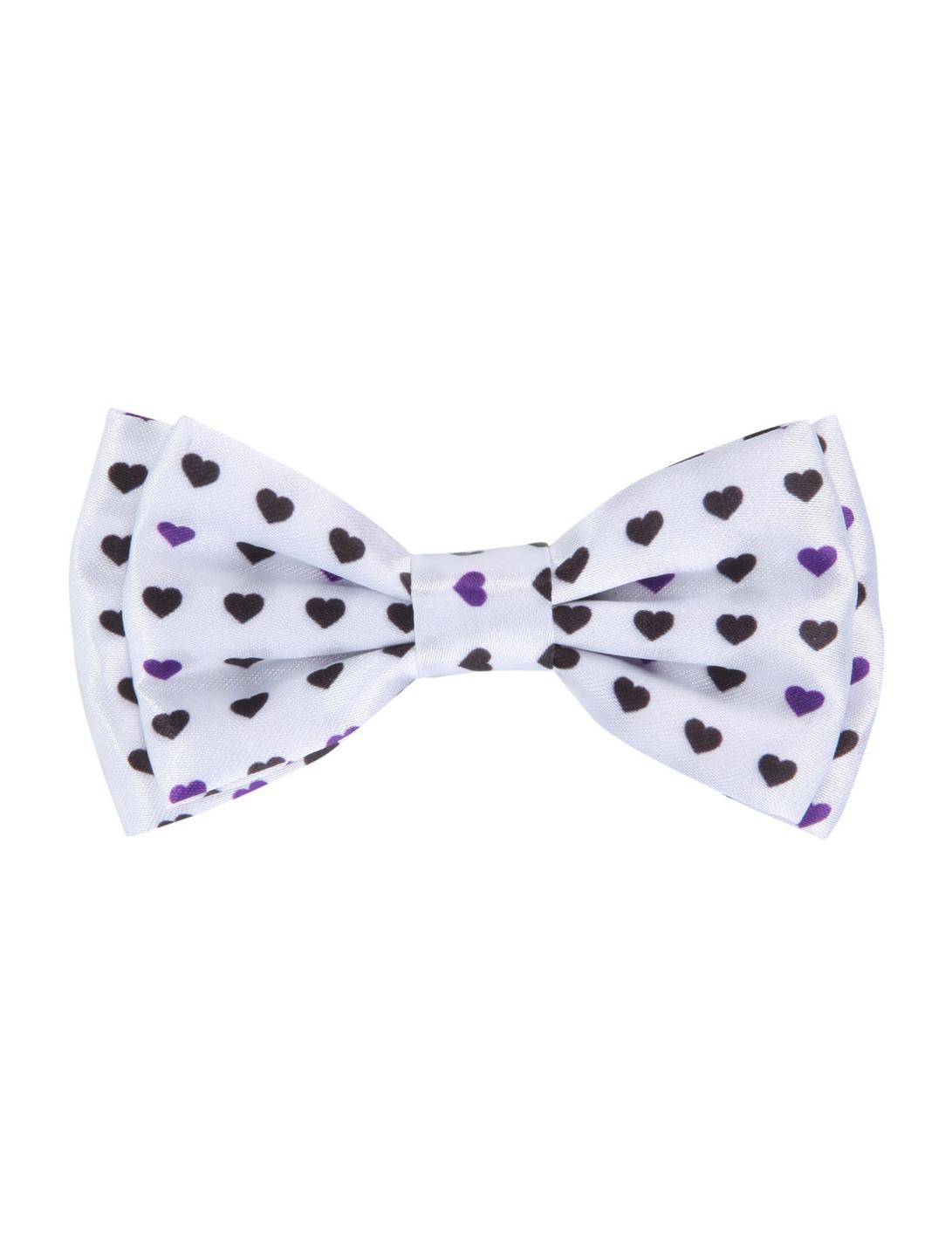 White With Black & Purple Hearts Satin Hair Bow, , hi-res
