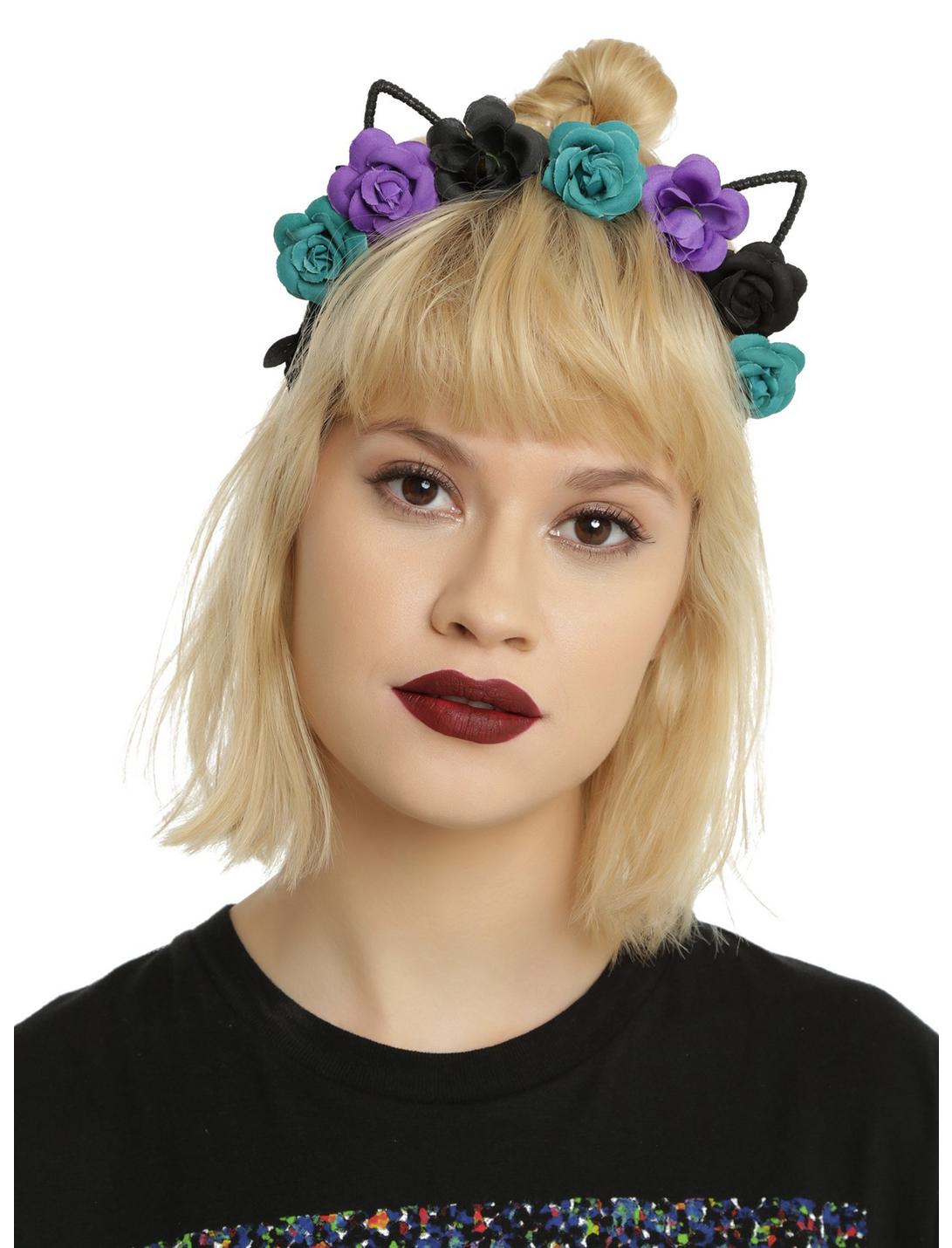 Teal Purple & Black Rose Kitty Ear Headband, , hi-res