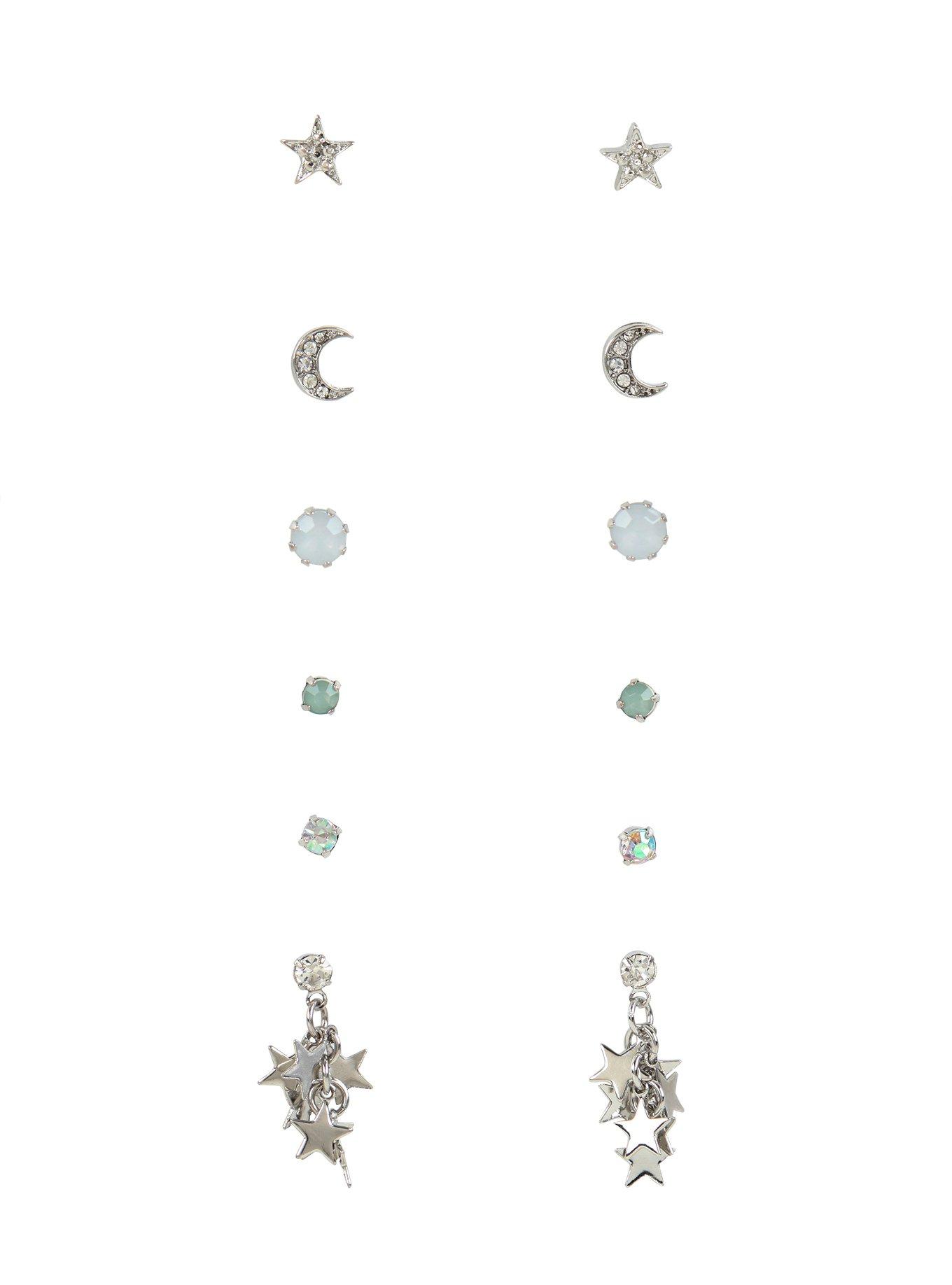 Silver Tone Moon And Star Clusters Stud Earring Set, , hi-res
