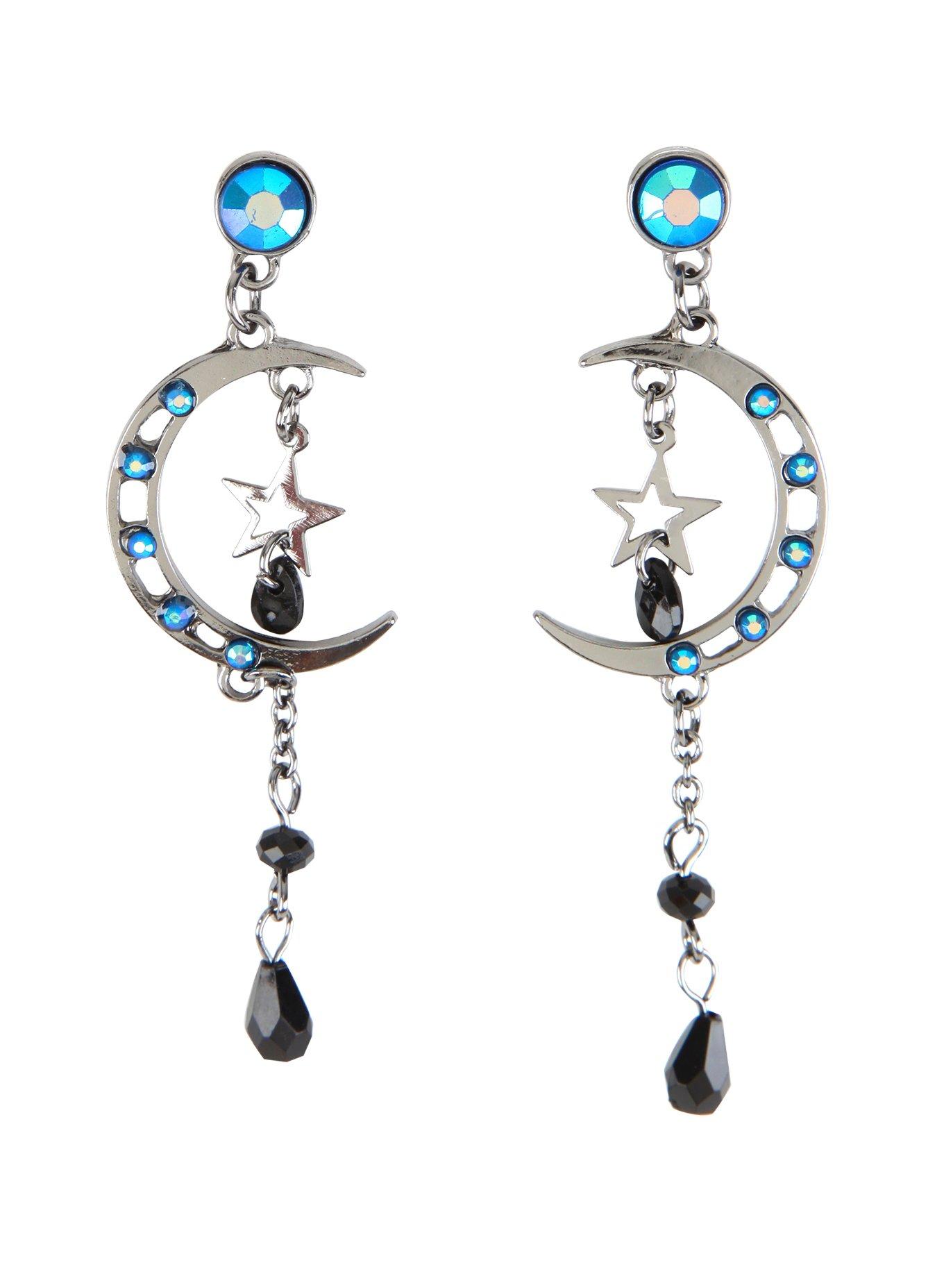 Hematite Moon & Star Blue Gem Black Bead Drop Earrings | Hot Topic