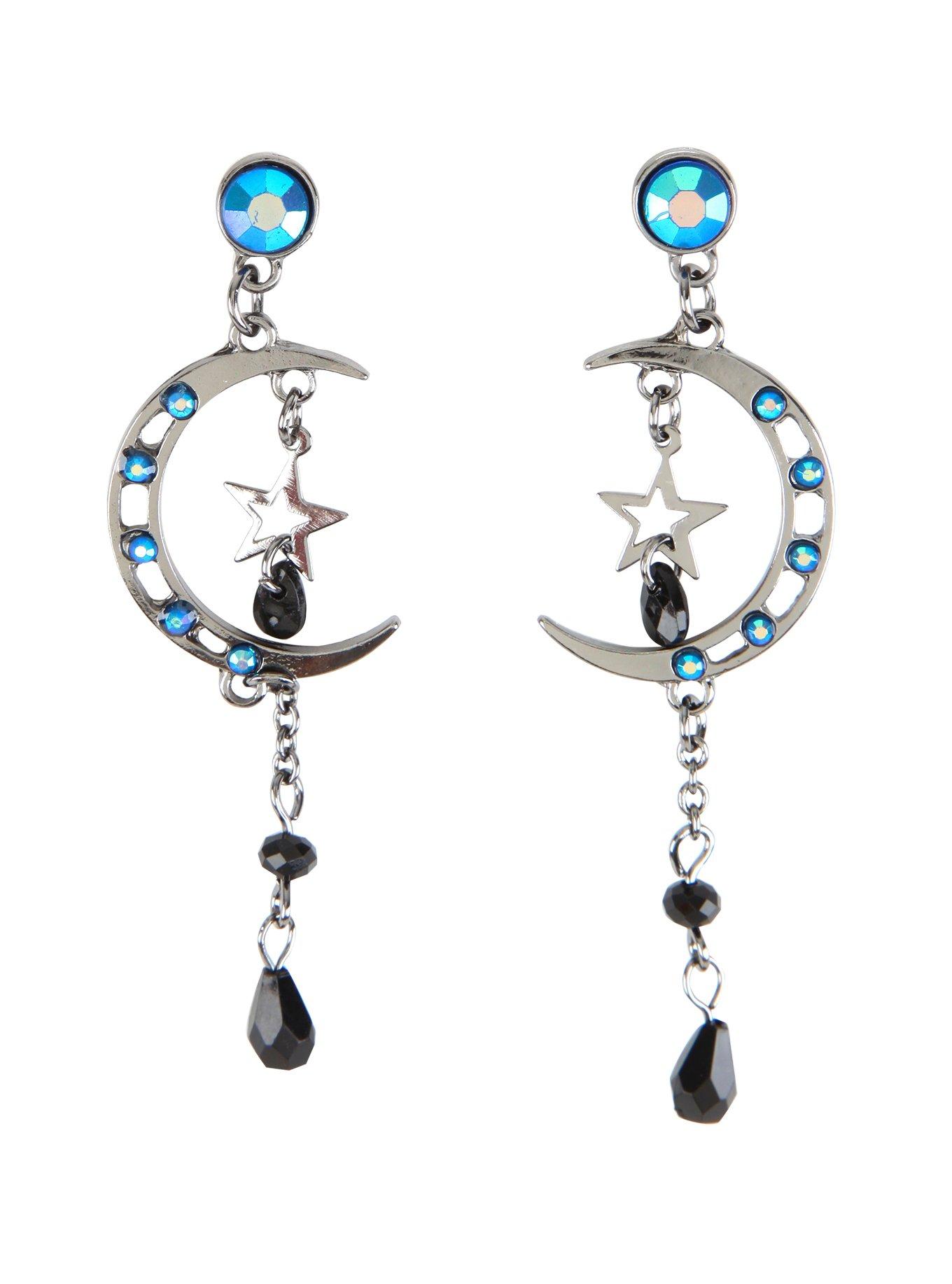 Hematite Moon & Star Blue Gem Black Bead Drop Earrings, , hi-res