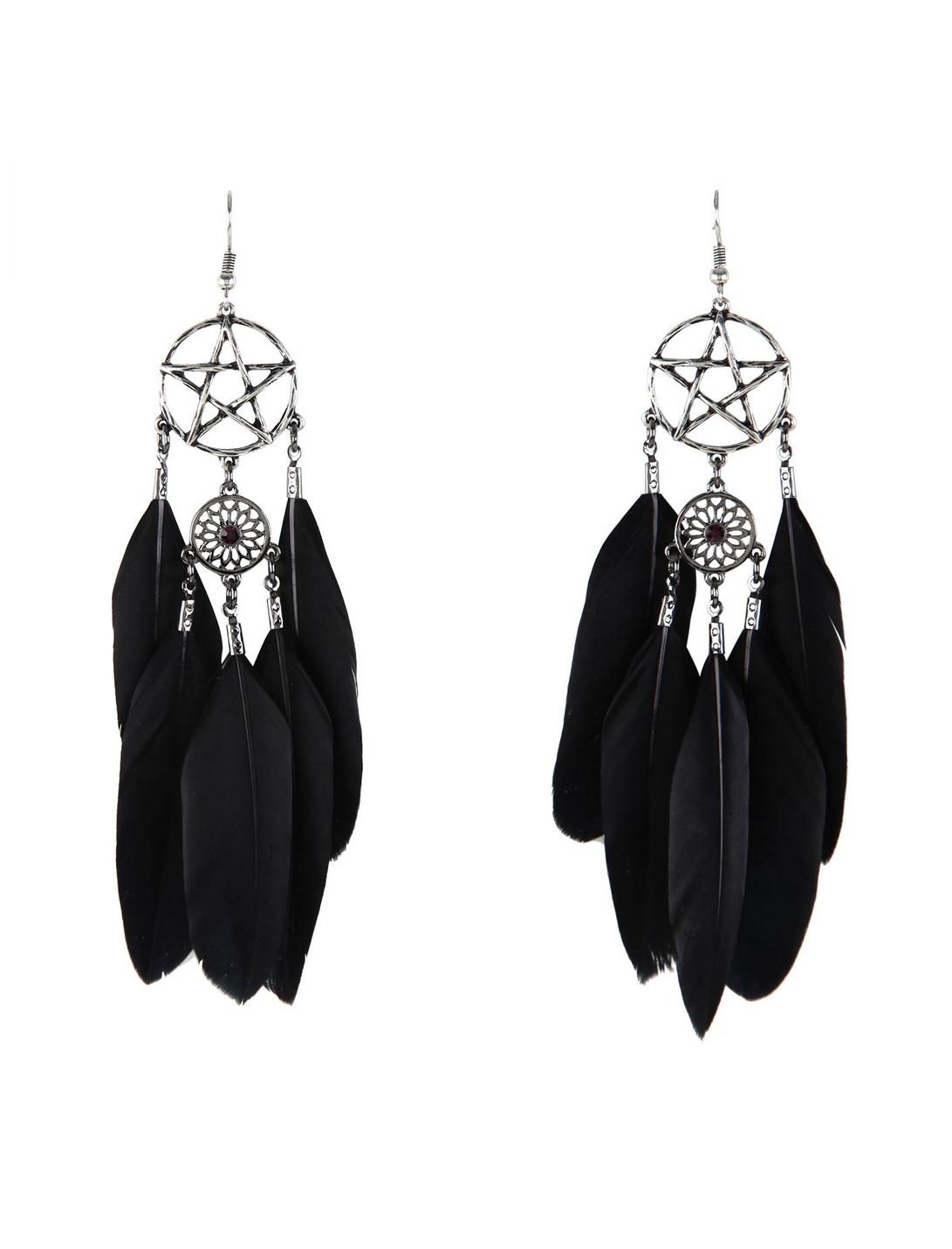 Blackheart Pentagram Dreamcatcher Drop Feather Earrings | Hot Topic